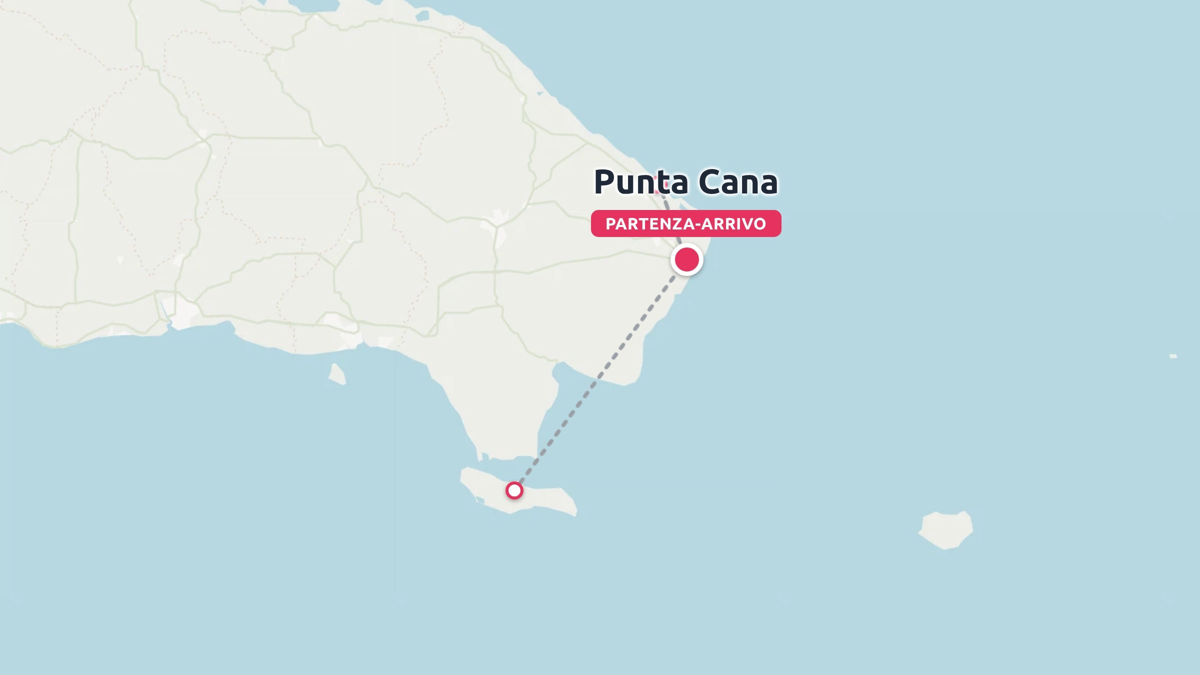 Mappa di viaggio che mostra un percorso con una linea tratteggiata che inizia e finisce a Punta Cana e si collega a un'isola del sud.