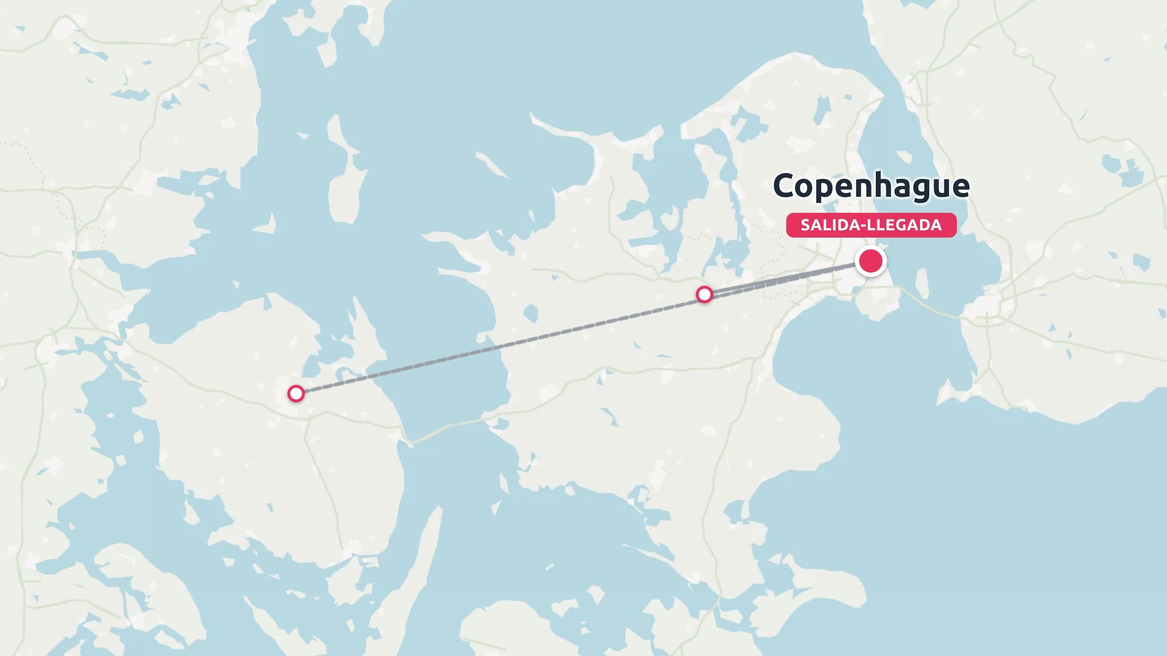 Mapa de ruta de viaje que muestra Dinamarca con una ruta que conecta puntos de referencia con Copenhague marcada como salida y llegada.