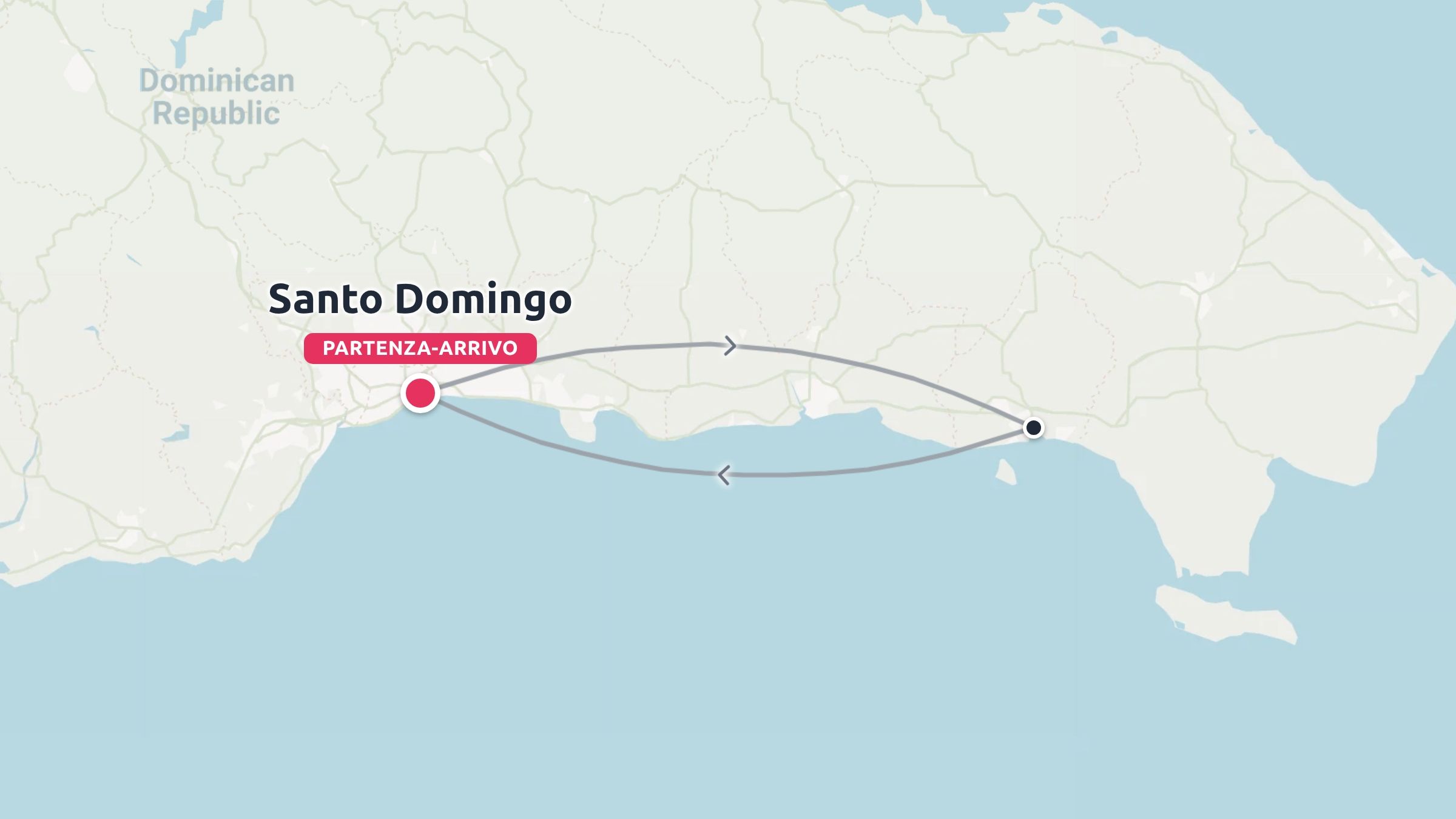 Una mappa dell'itinerario di viaggio della Repubblica Dominicana che mostra un viaggio di andata e ritorno con inizio e fine a Santo Domingo