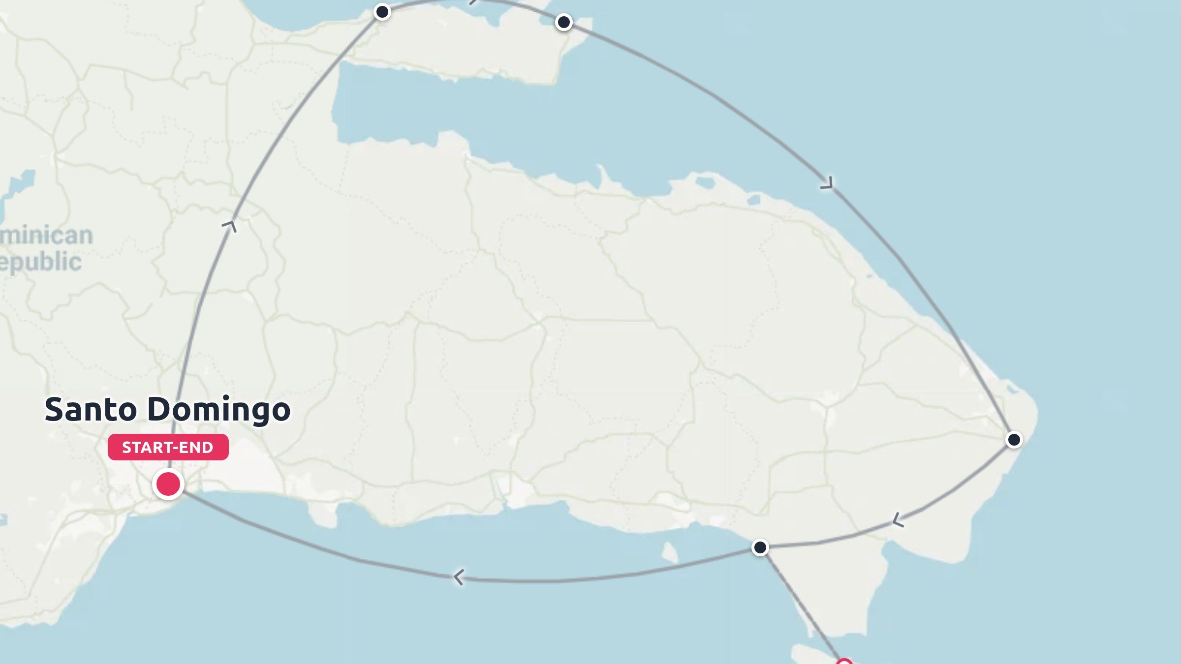 Travel route map of the Dominican Republic showing a circular journey starting and ending in Santo Domingo.