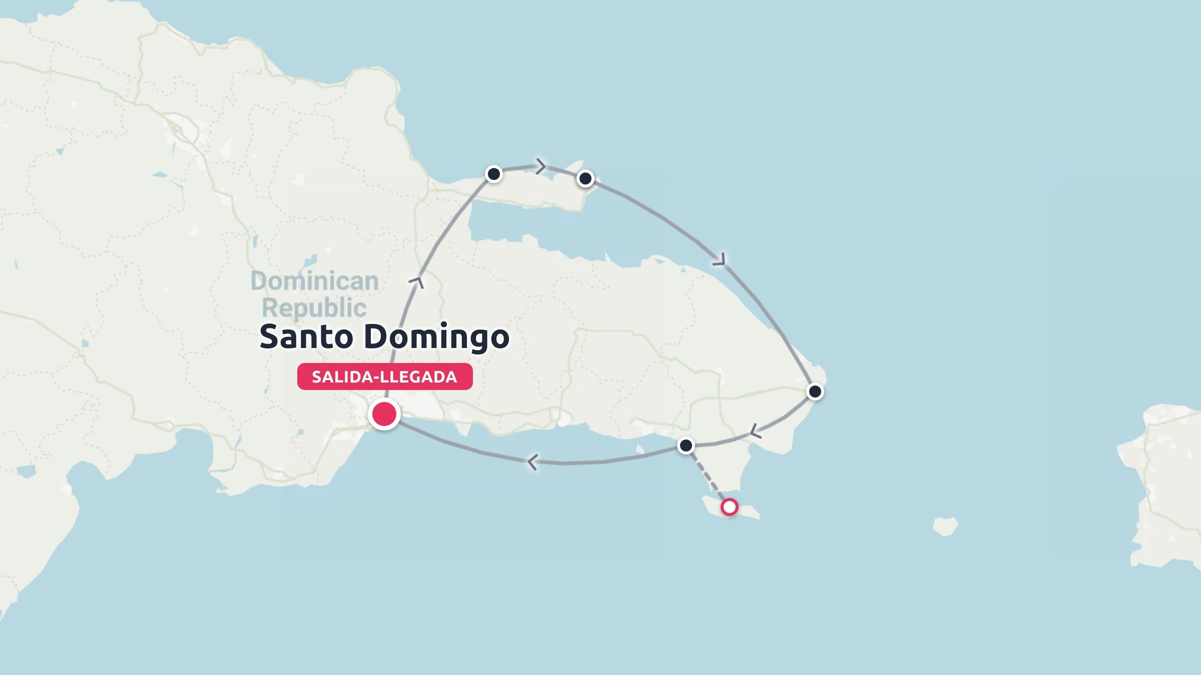 Mapa de ruta de viaje por la República Dominicana con inicio y fin en Santo Domingo y varias paradas señaladas