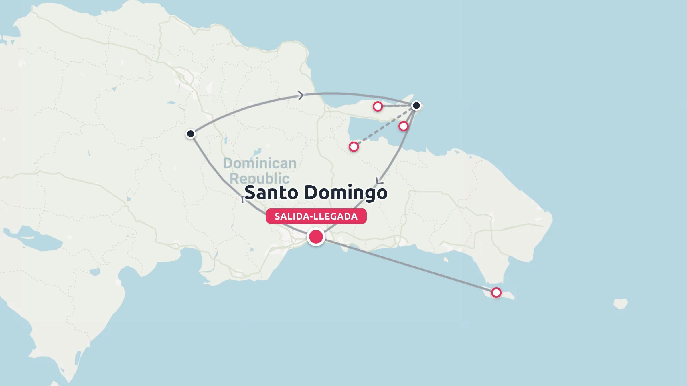 Mapa de ruta de viaje por la República Dominicana que destaca destinos con inicio y final en Santo Domingo.