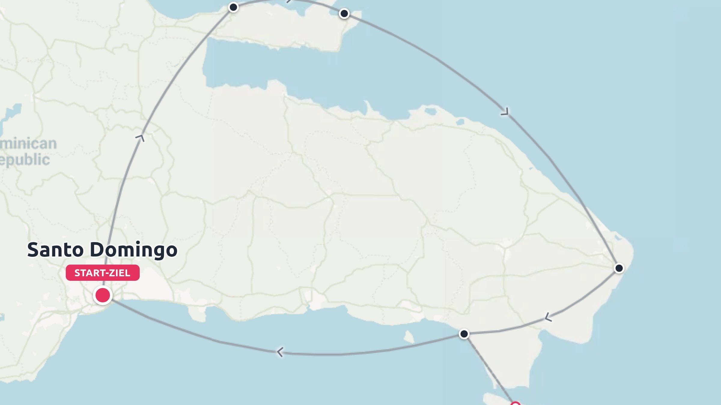 Reiseroute der Dominikanischen Republik mit einer Rundreise, die in Santo Domingo beginnt und endet.
