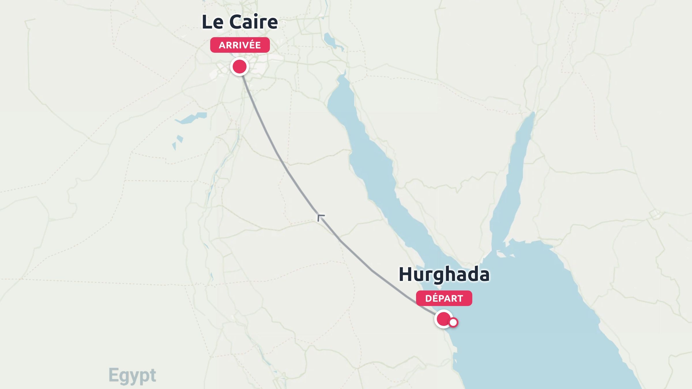 Une carte de voyage de l'Égypte indiquant un itinéraire de voyage du point de départ Hurghada jusqu'au point d'arrivée Le Caire