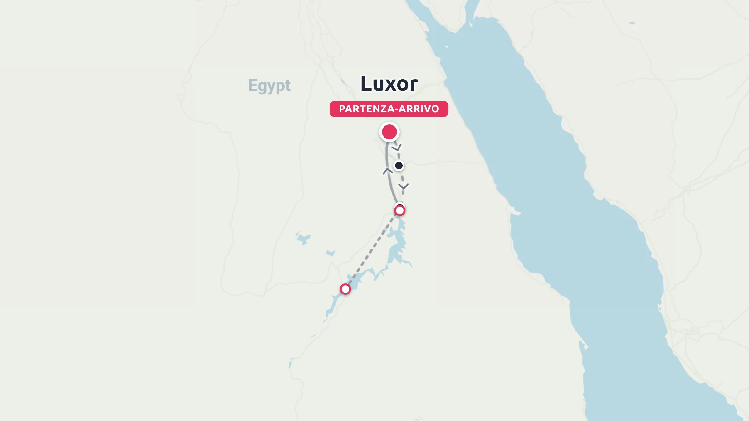 Una mappa dell'itinerario di viaggio in Egitto che mostra un percorso con partenza e arrivo a Luxor lungo il fiume Nilo.