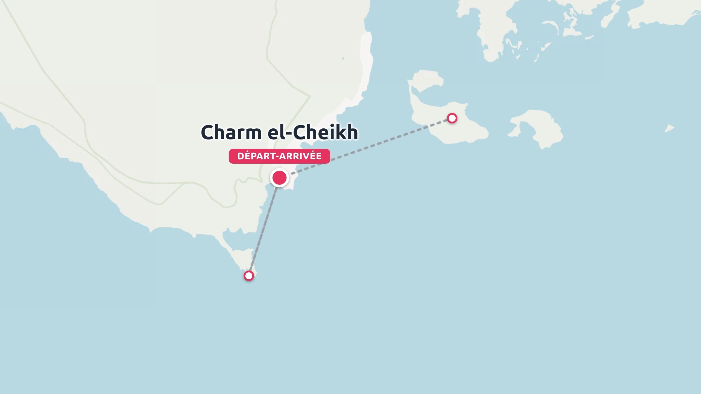 Une carte d'itinéraire de voyage montrant Charm el-Cheikh comme point de départ et d'arrivée relié par des lignes en pointillés aux sites côtiers voisins.