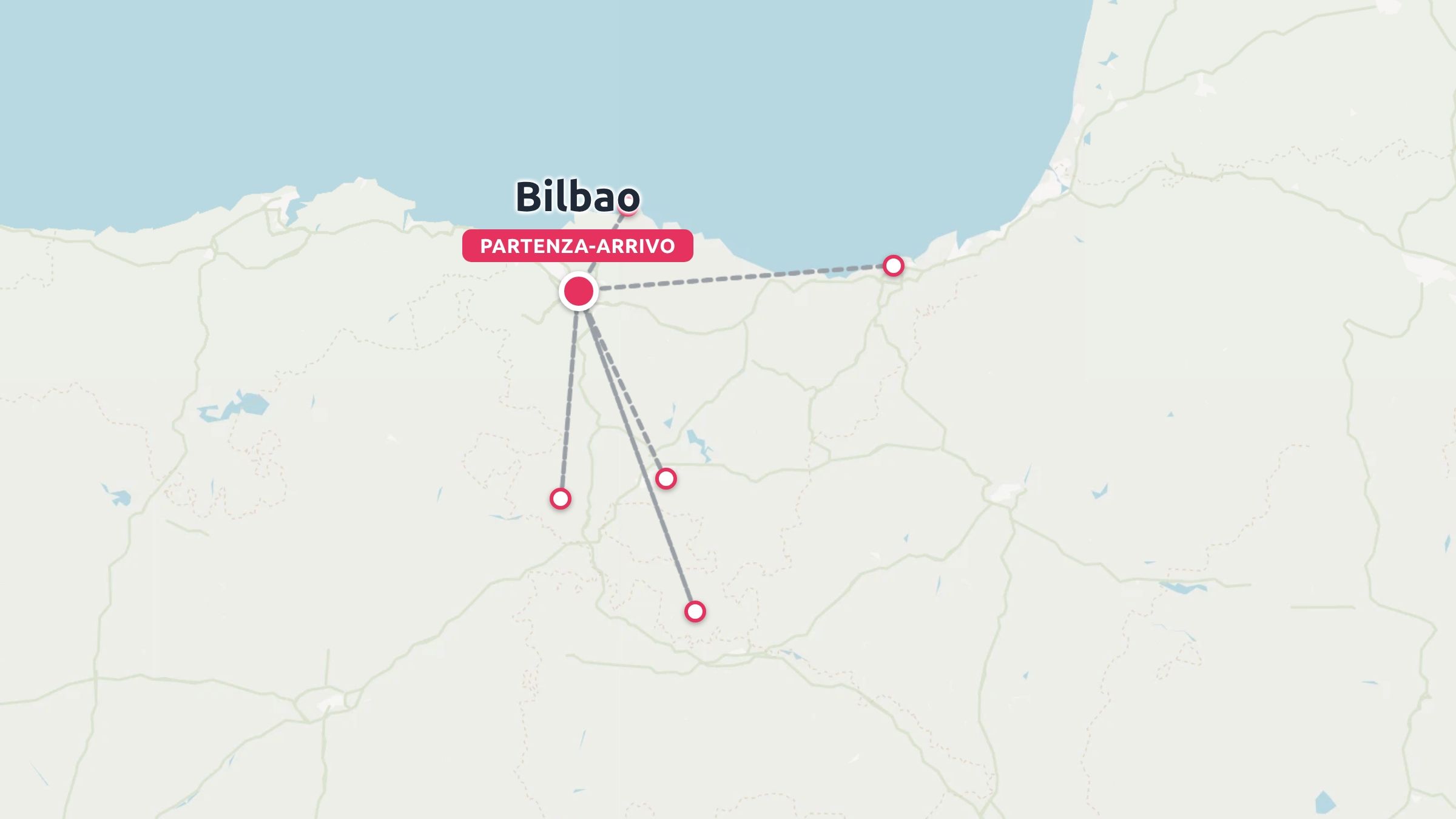 Mappa dell'itinerario di viaggio con Bilbao come punto di partenza e arrivo e linee di collegamento per le aree circostanti