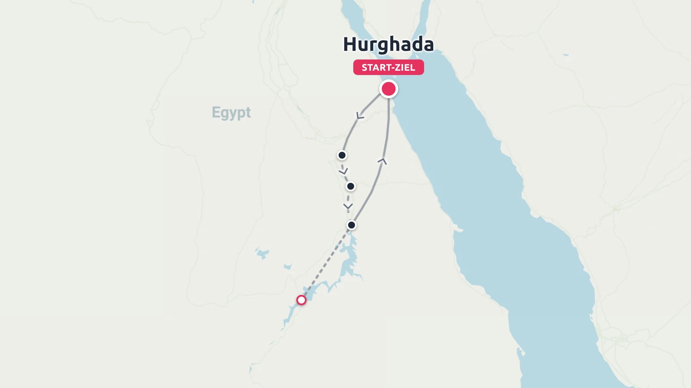 Eine Reiseroutekarte von Ägypten, die eine Rundreise mit Start und Ziel in Hurghada und Stopps entlang des Nils zeigt.