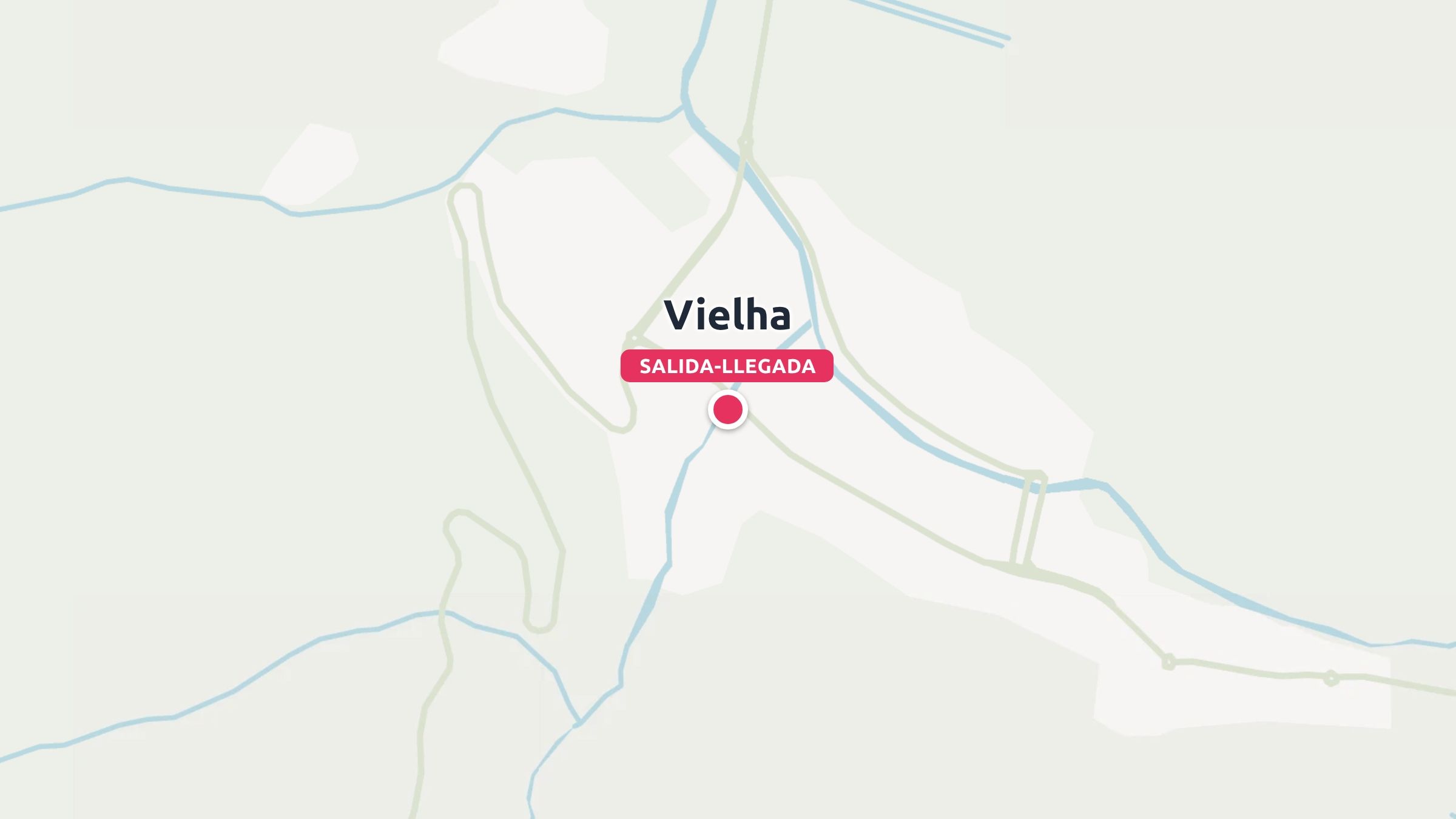 Un mapa de Vielha marcado con un pin de ubicacion rojo etiquetado como salida-llegada que indica los puntos de inicio y final.