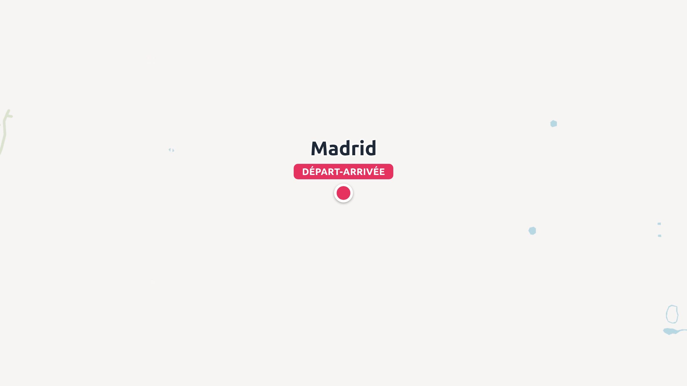 Une carte de voyage marquant Madrid comme point de départ et d'arrivée avec une épingle rouge sur fond blanc.