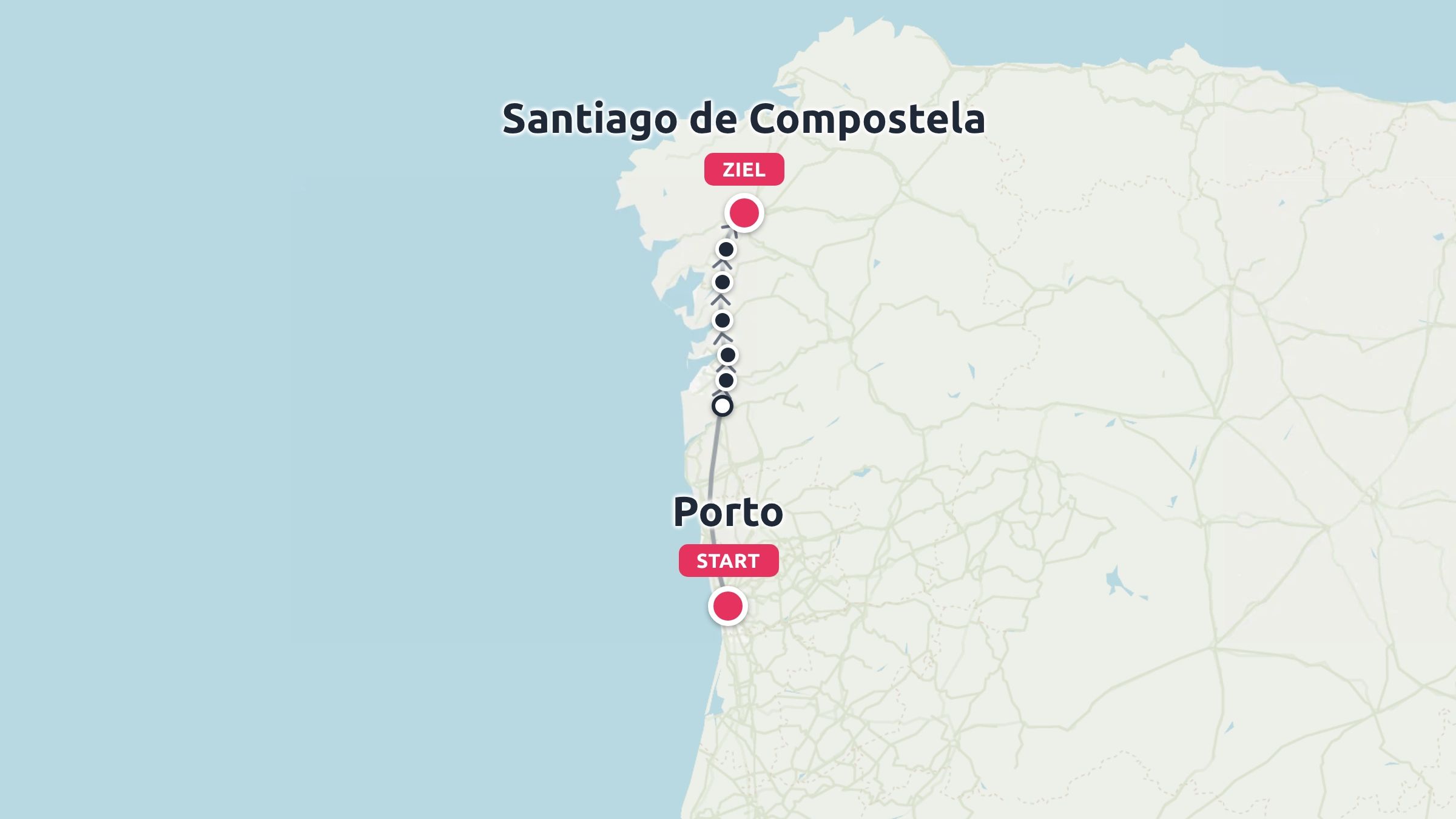 Eine Routenkarte, die einen Reiseweg von Porto nach Santiago de Compostela veranschaulicht.