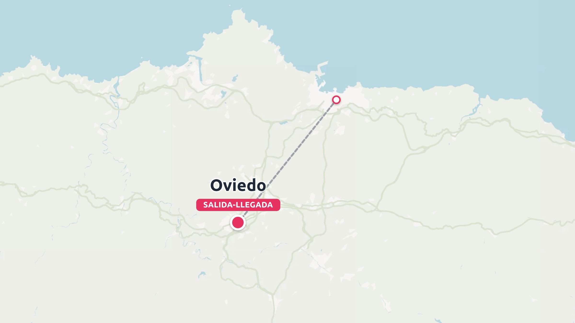 Un mapa de ruta de viaje que muestra una línea discontinua que conecta Oviedo, marcada como salida y llegada, con la costa norte.