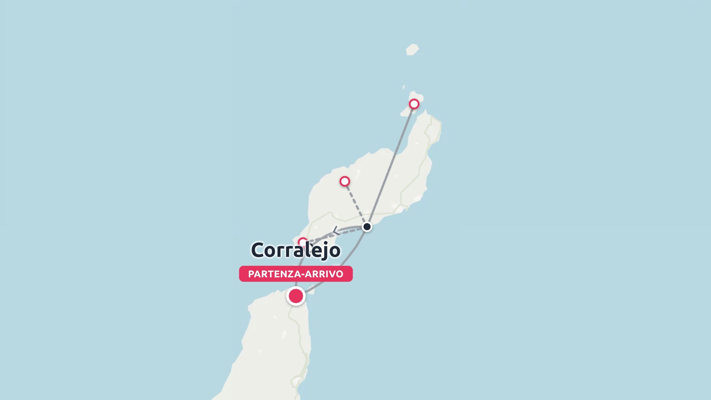 Una mappa del percorso di viaggio che mostra un itinerario con partenza e arrivo a Corralejo.