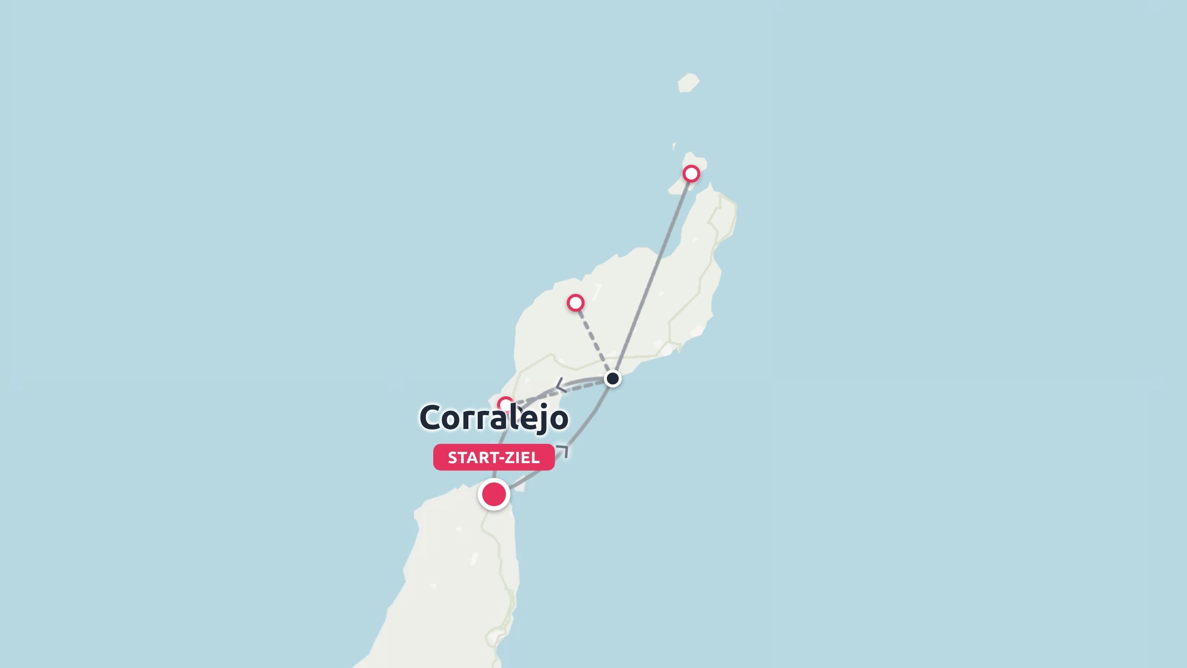 Eine Reiseroute mit Markierungen auf verschiedenen Inseln, die in Corralejo beginnt und endet.
