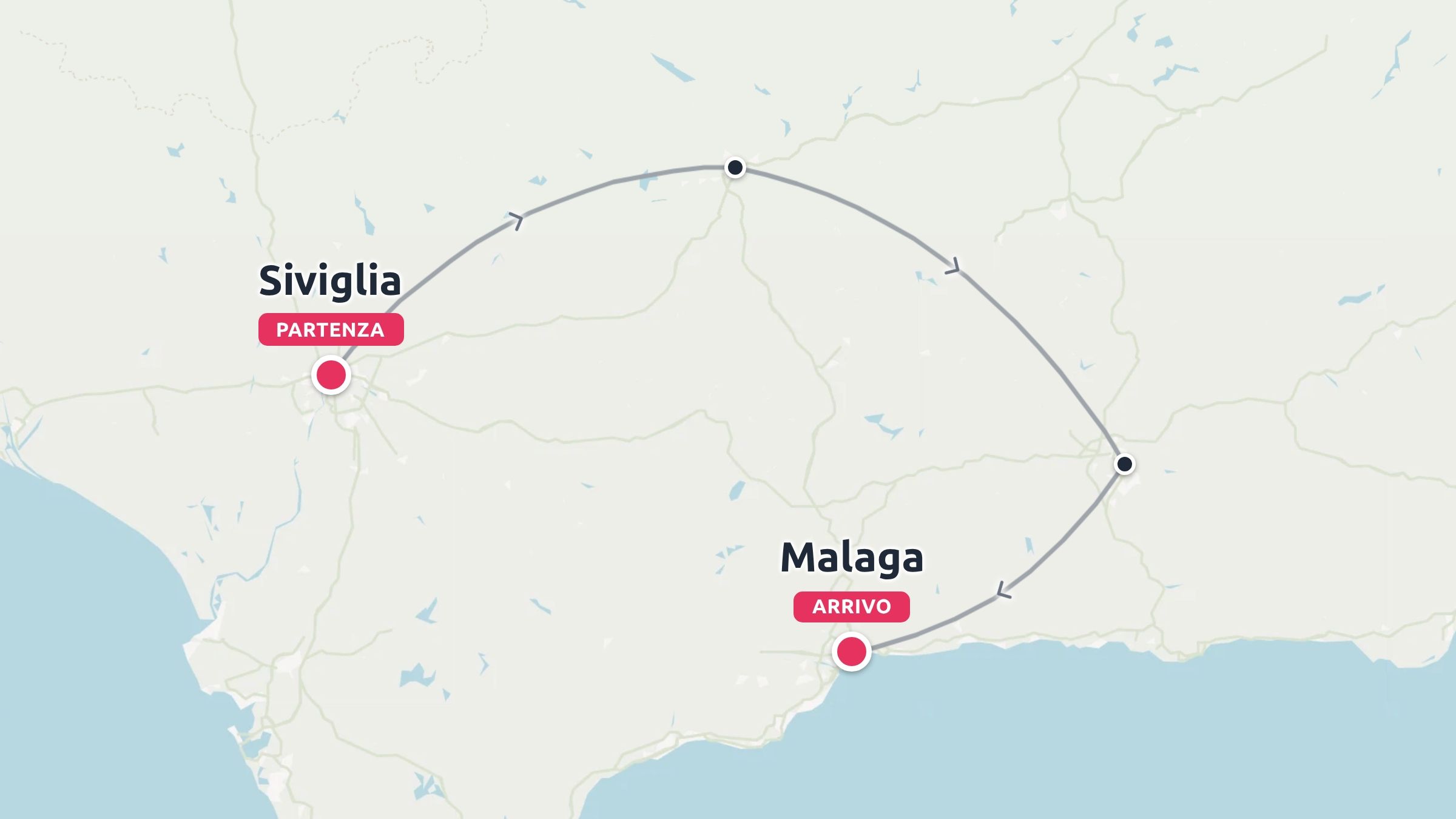 Una mappa del percorso di viaggio che mostra un itinerario con partenza da Siviglia e arrivo a Malaga con fermate lungo il tragitto.