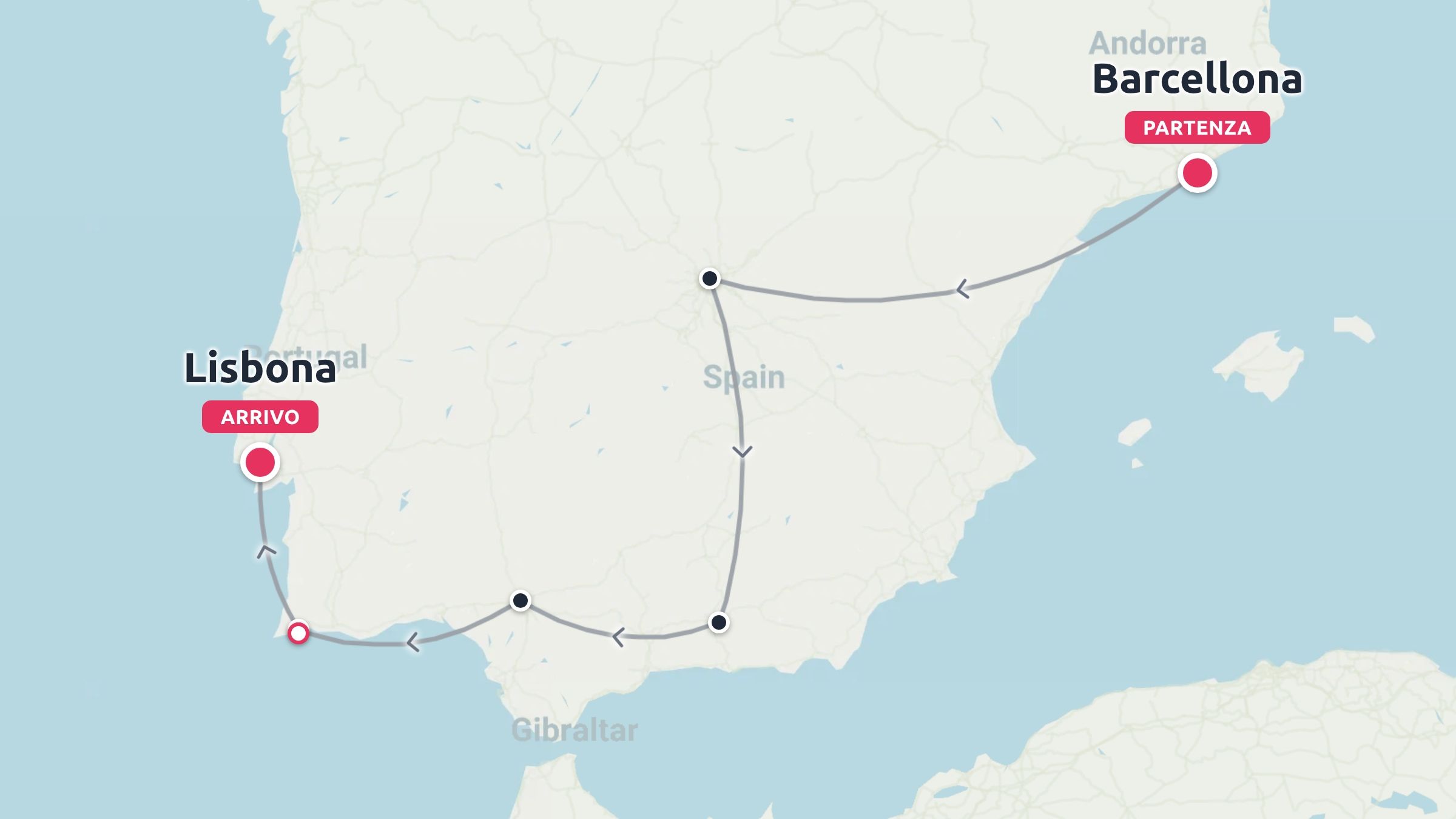 Un itinerario di viaggio attraverso la Spagna e il Portogallo, con partenza da Barcellona e arrivo a Lisbona.