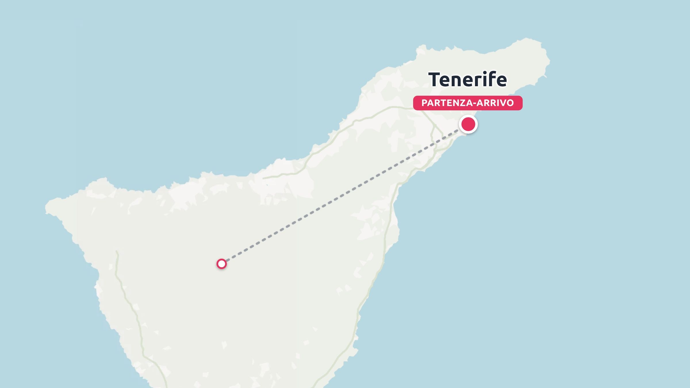 Una mappa di Tenerife che mostra un itinerario di viaggio con una linea tratteggiata che collega i punti di partenza e arrivo.