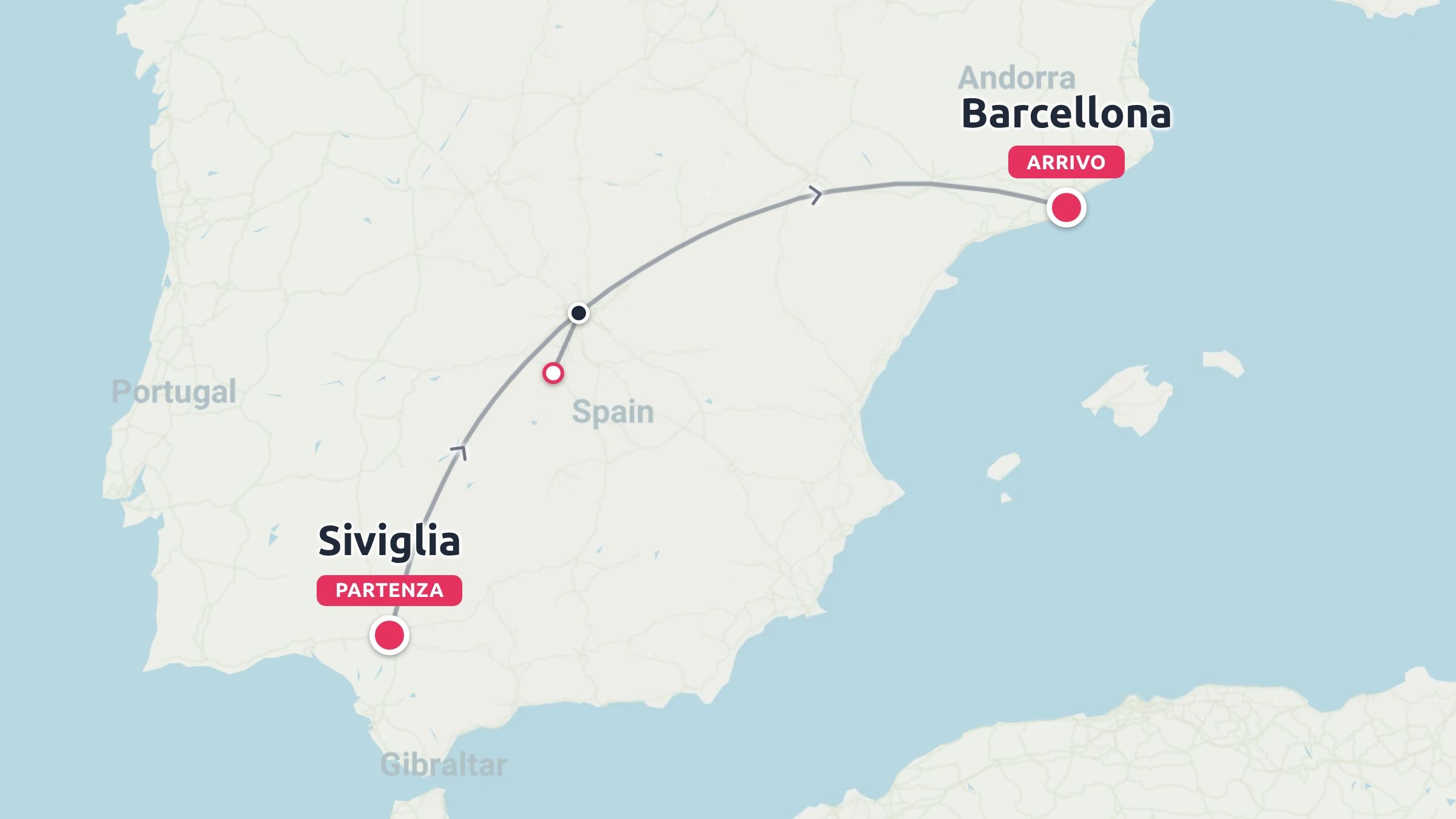 Una mappa di viaggio della Spagna che illustra un itinerario che parte da Siviglia e arriva a Barcellona
