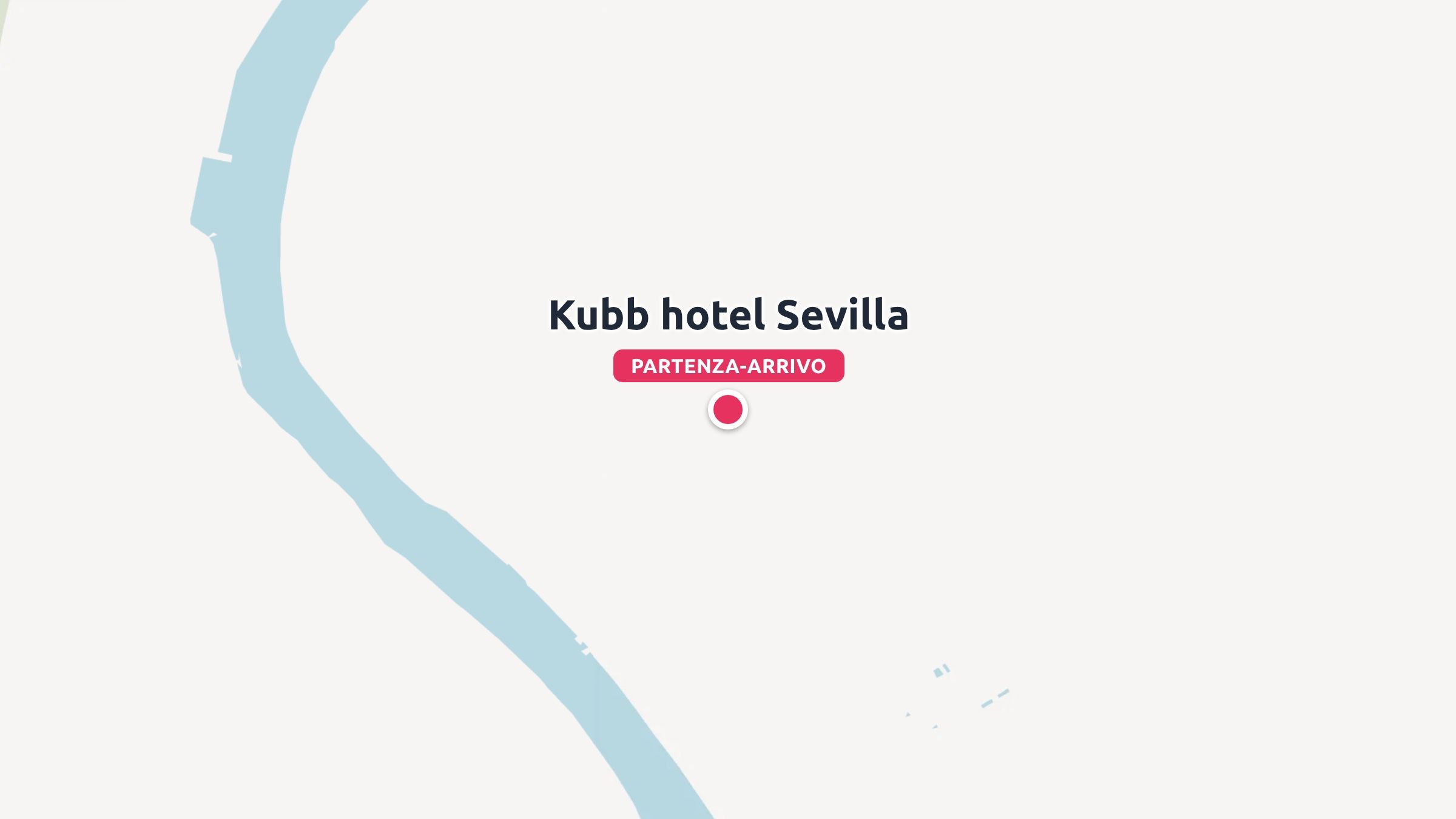 Una mappa minimalista che mostra la posizione dell'hotel Kubb Siviglia segnata come punto di partenza e di arrivo accanto a un fiume.