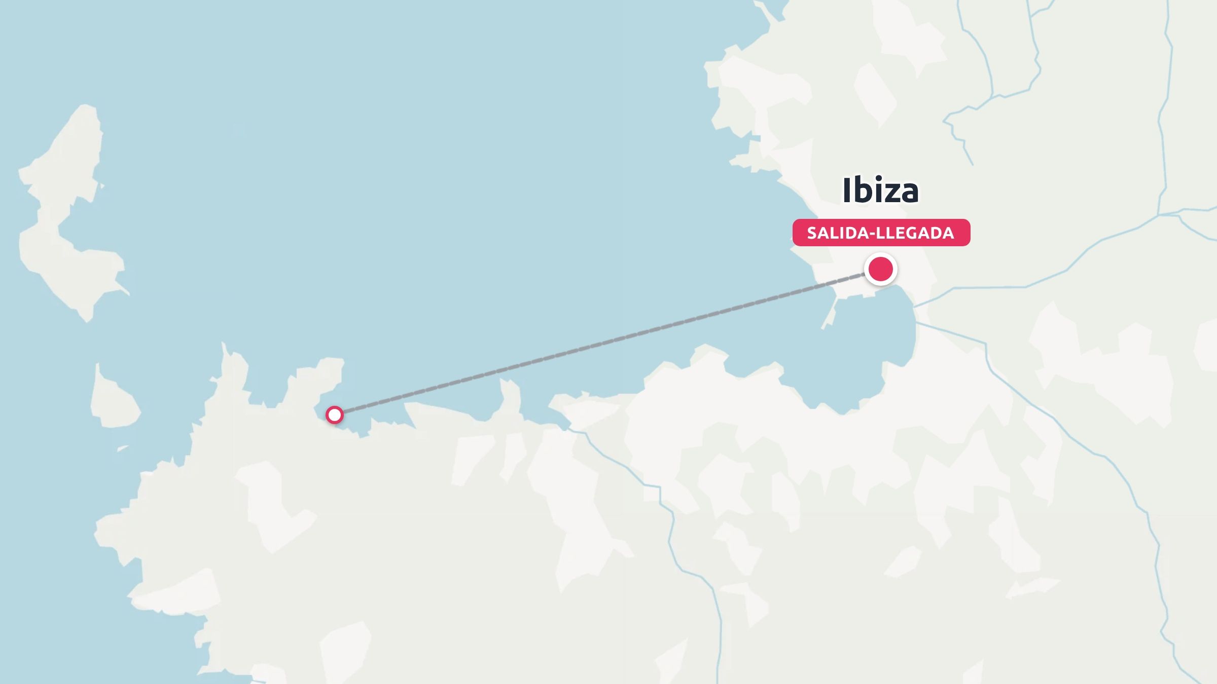 Un mapa de viajes que muestra una ruta por el agua conectada con Ibiza, marcada con puntos de salida y llegada.