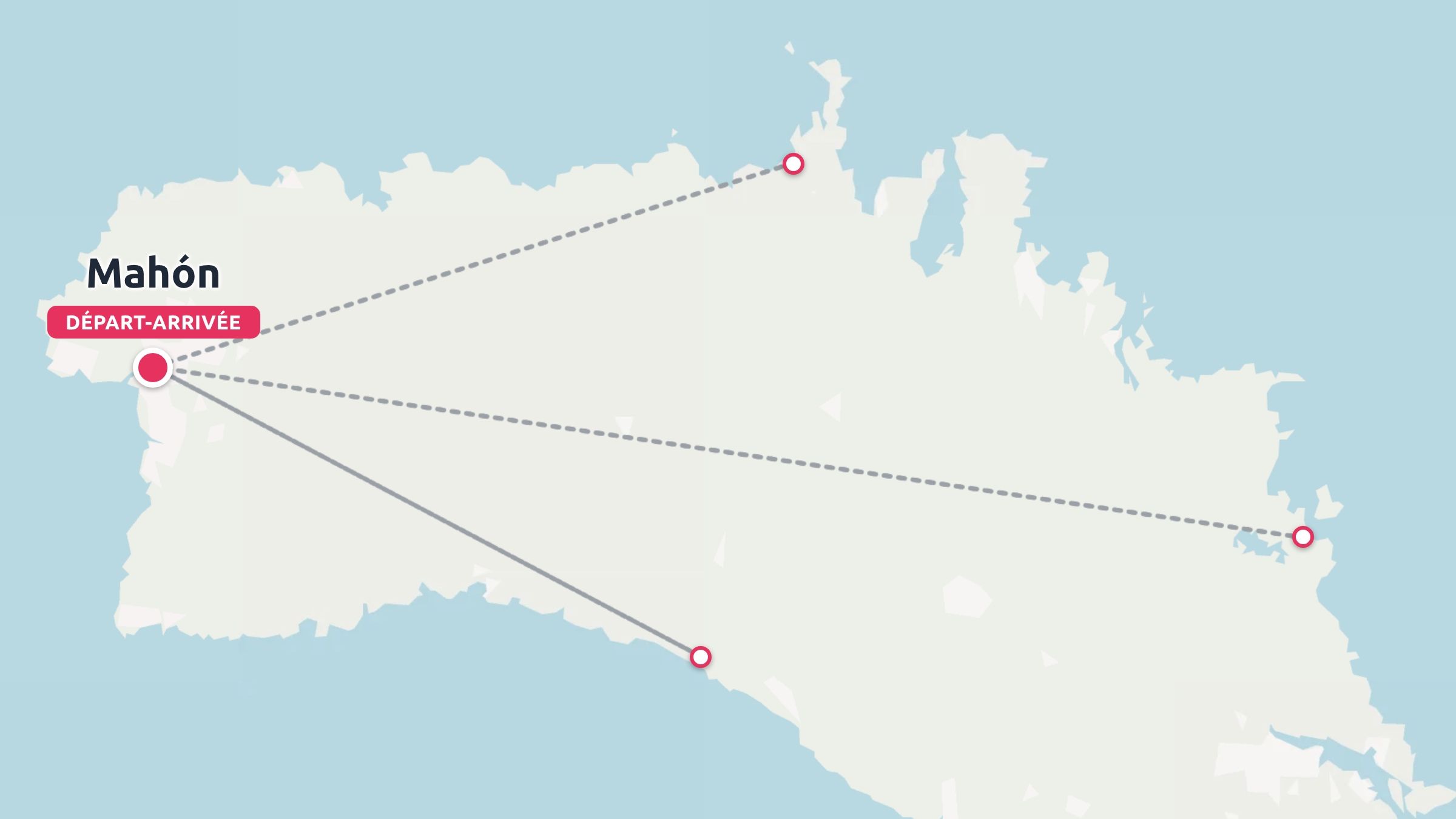Un itineraire de voyage sur le contour d une ile avec des lignes reliant des emplacements, indique avec Mahon comme depart et arrivee
