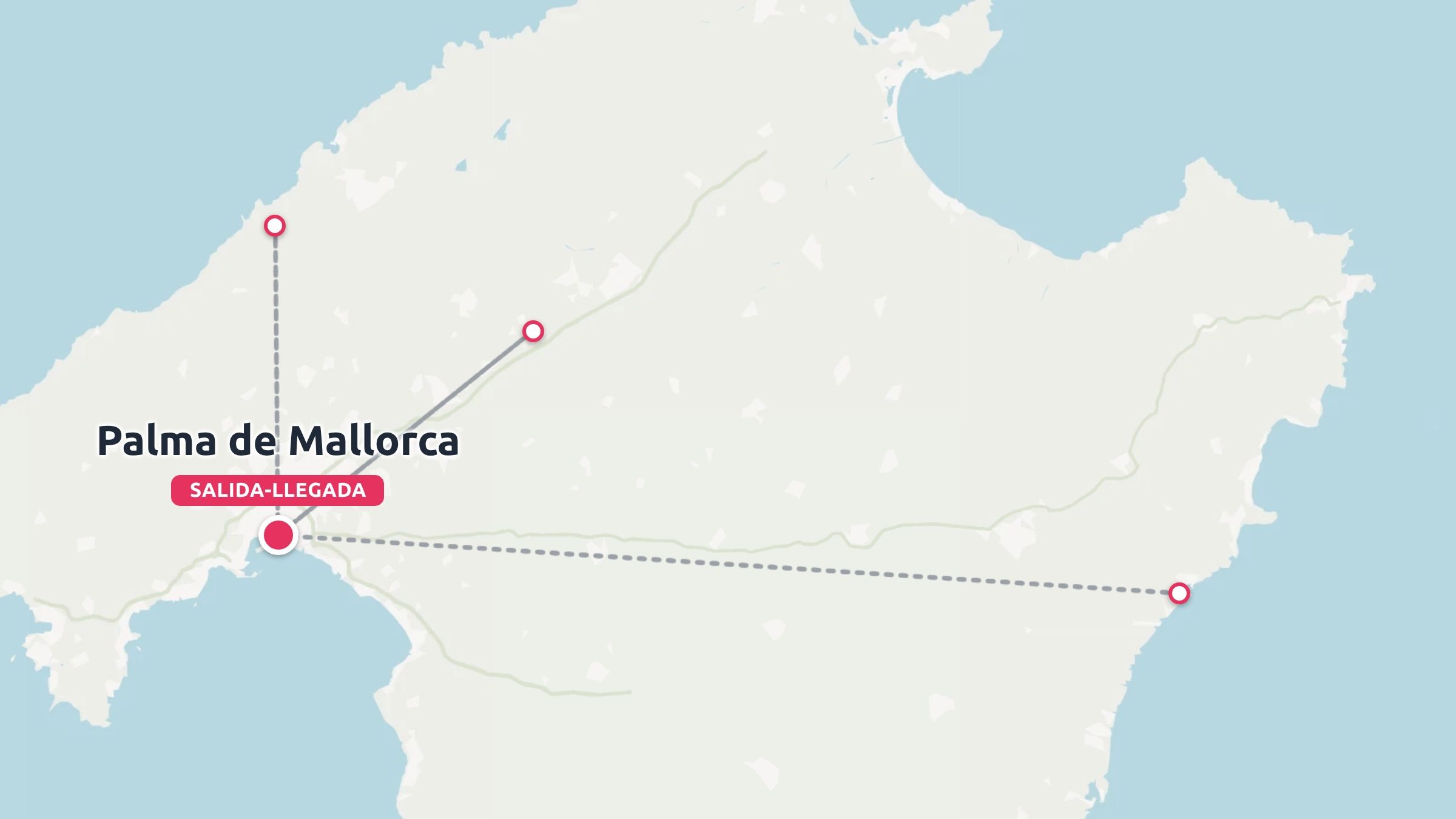 Un mapa de rutas de viaje por Mallorca que conecta Palma de Mallorca con varios destinos de la isla.