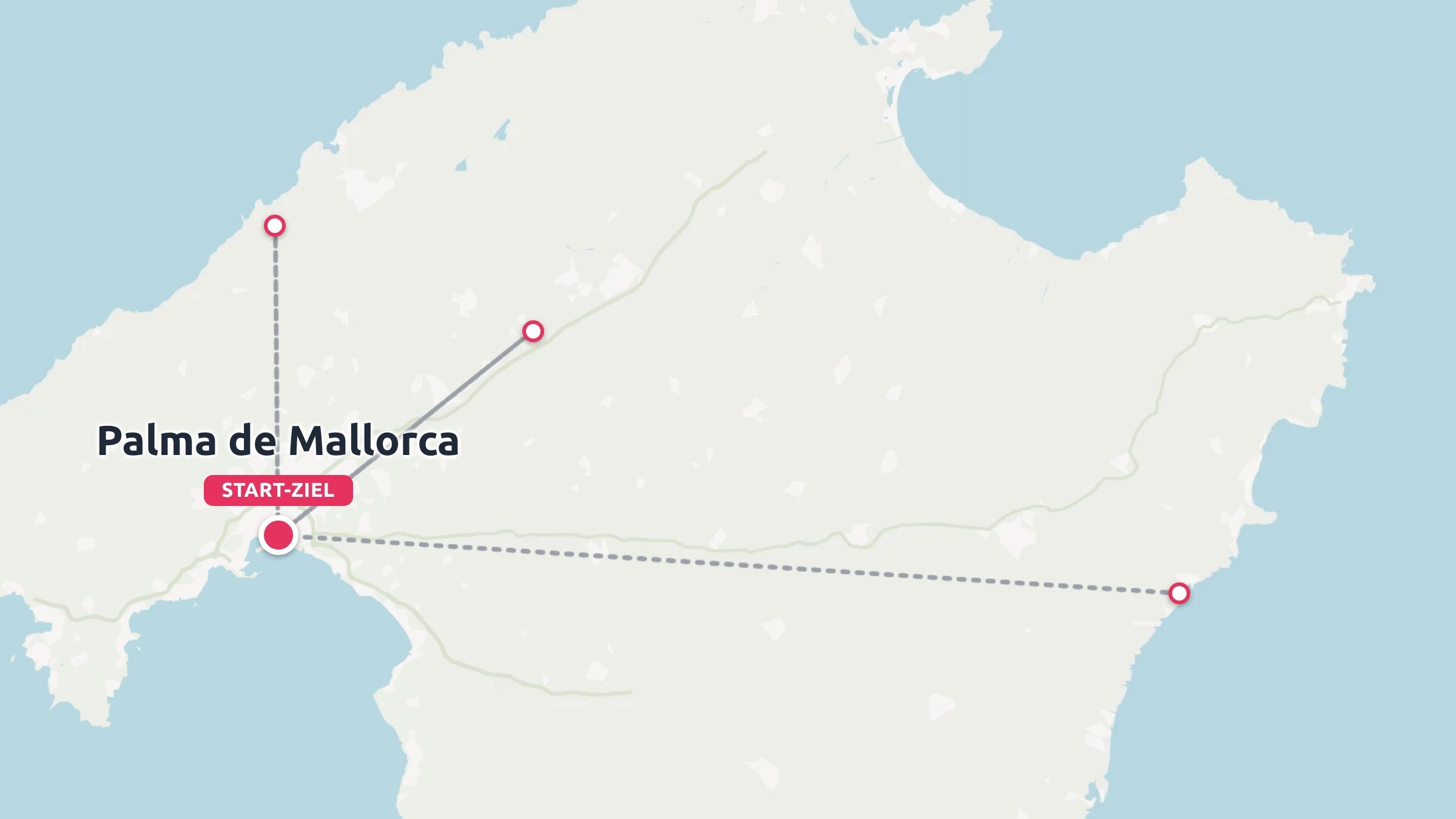 Eine Reiseroute von Mallorca mit Routenlinien, die verschiedene Reiseziele mit Palma de Mallorca verbinden.