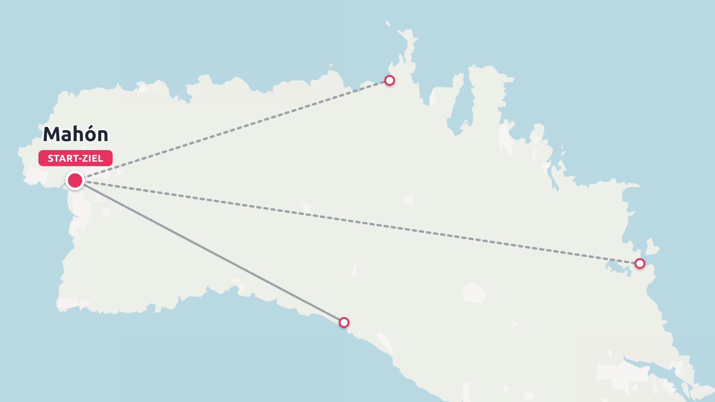 Eine Reiseroutenkarte, die eine Insel mit Routenlinien zeigt, die von Mahón zu verschiedenen Küstenpunkten führen.