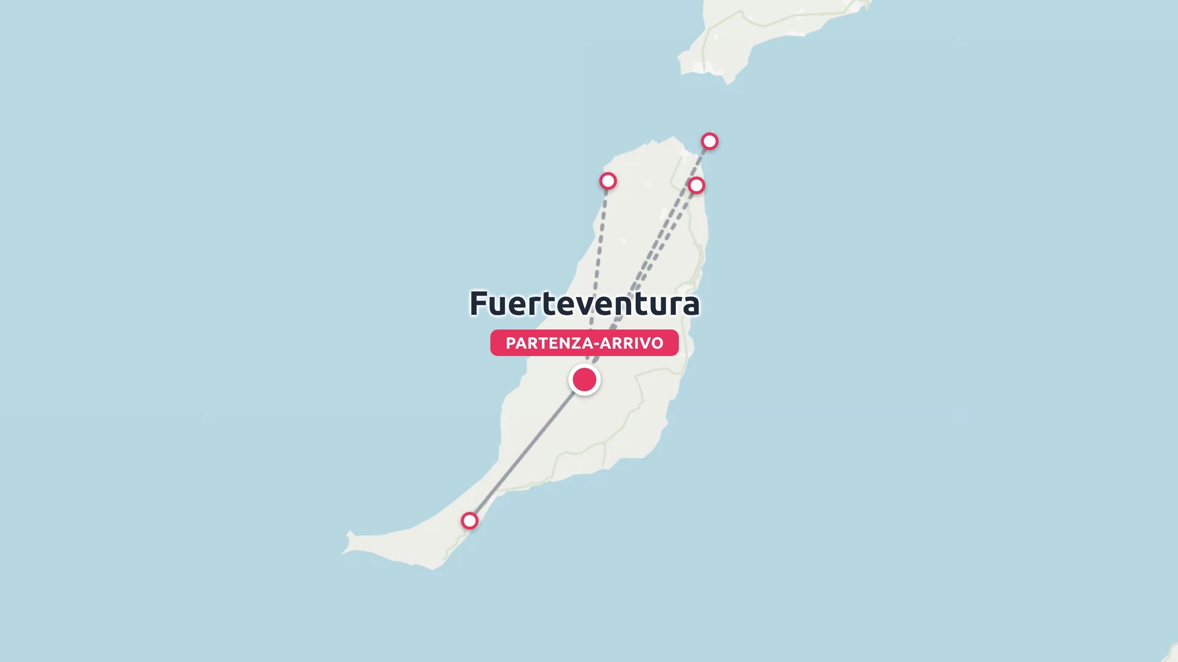 Una mappa di viaggio di Fuerteventura che mostra un percorso con punti di partenza e di arrivo contrassegnati.