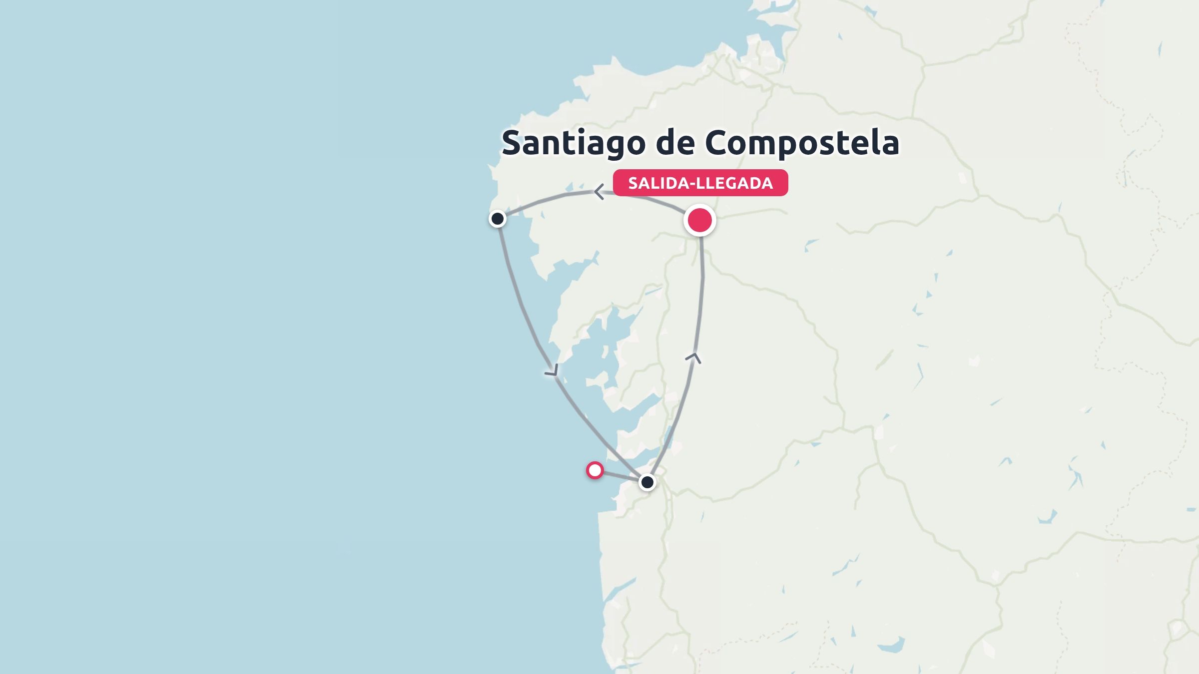 Un mapa de ruta de viaje que muestra un recorrido circular que comienza y termina en Santiago de Compostela a lo largo de la costa.