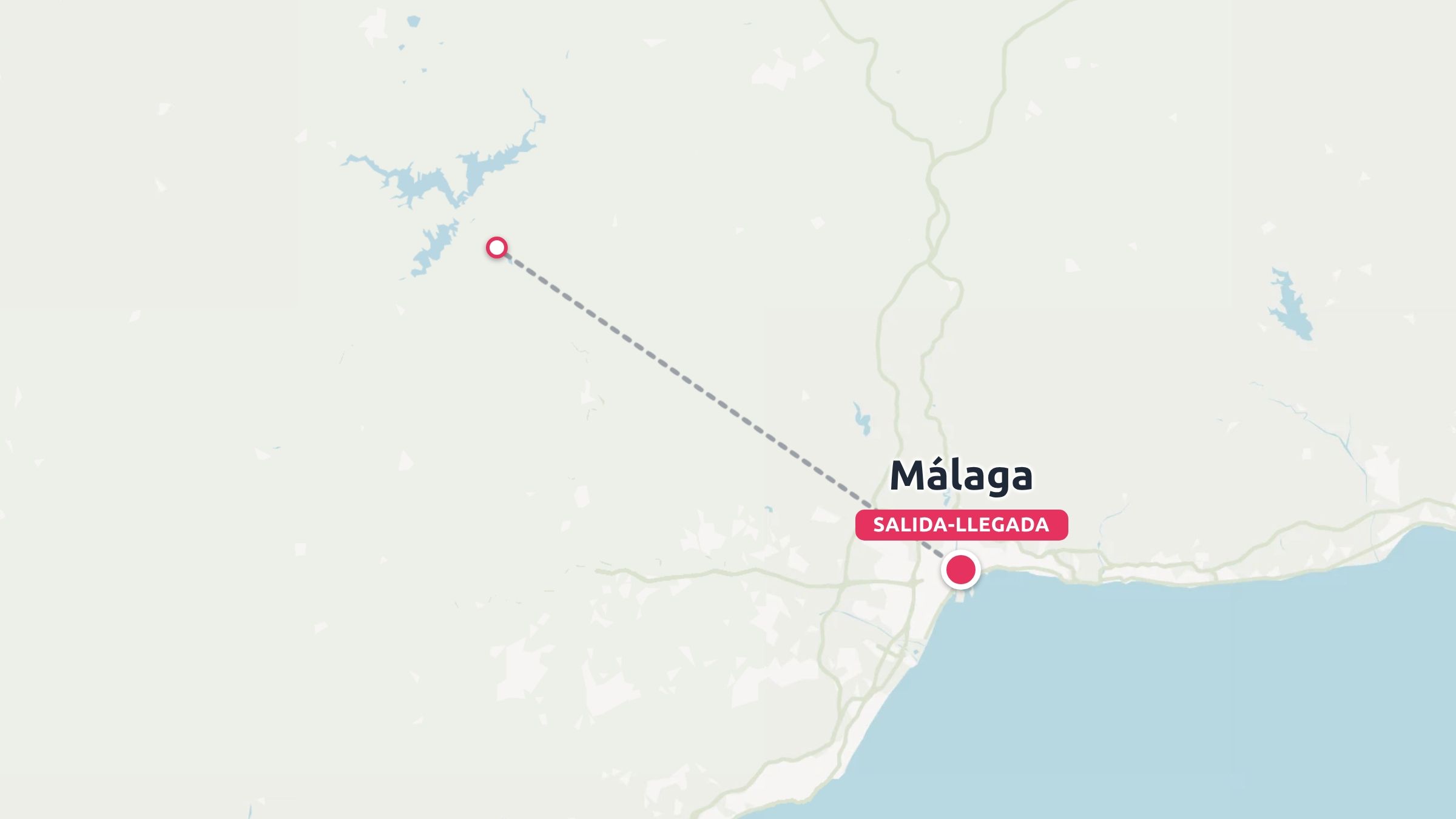 Mapa de viajes que muestra una ruta discontinua que conecta Málaga, etiquetada como salida y llegada, con un destino en el noroeste.