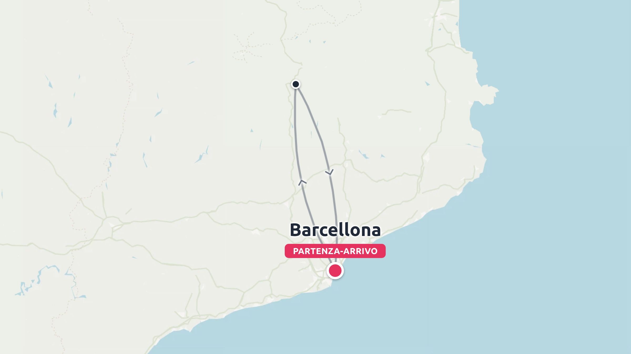 Mappa dell'itinerario di viaggio che mostra un viaggio di andata e ritorno da Barcellona verso nord nell'entroterra e ritorno.