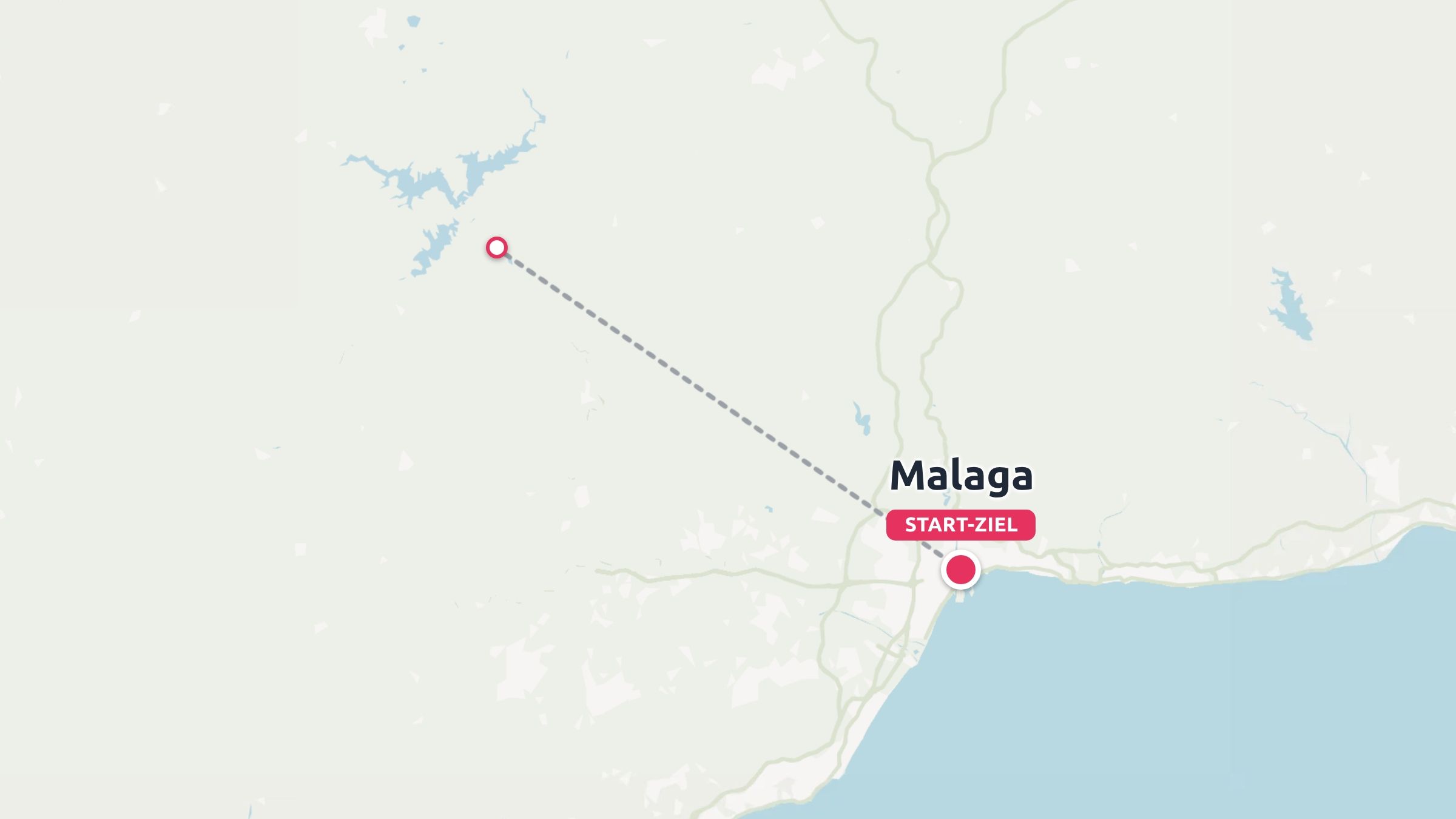Eine Reiseroutenkarte mit einem gestrichelten Pfad, der die Küstenstadt Málaga mit einem Ort im Landesinneren verbindet.