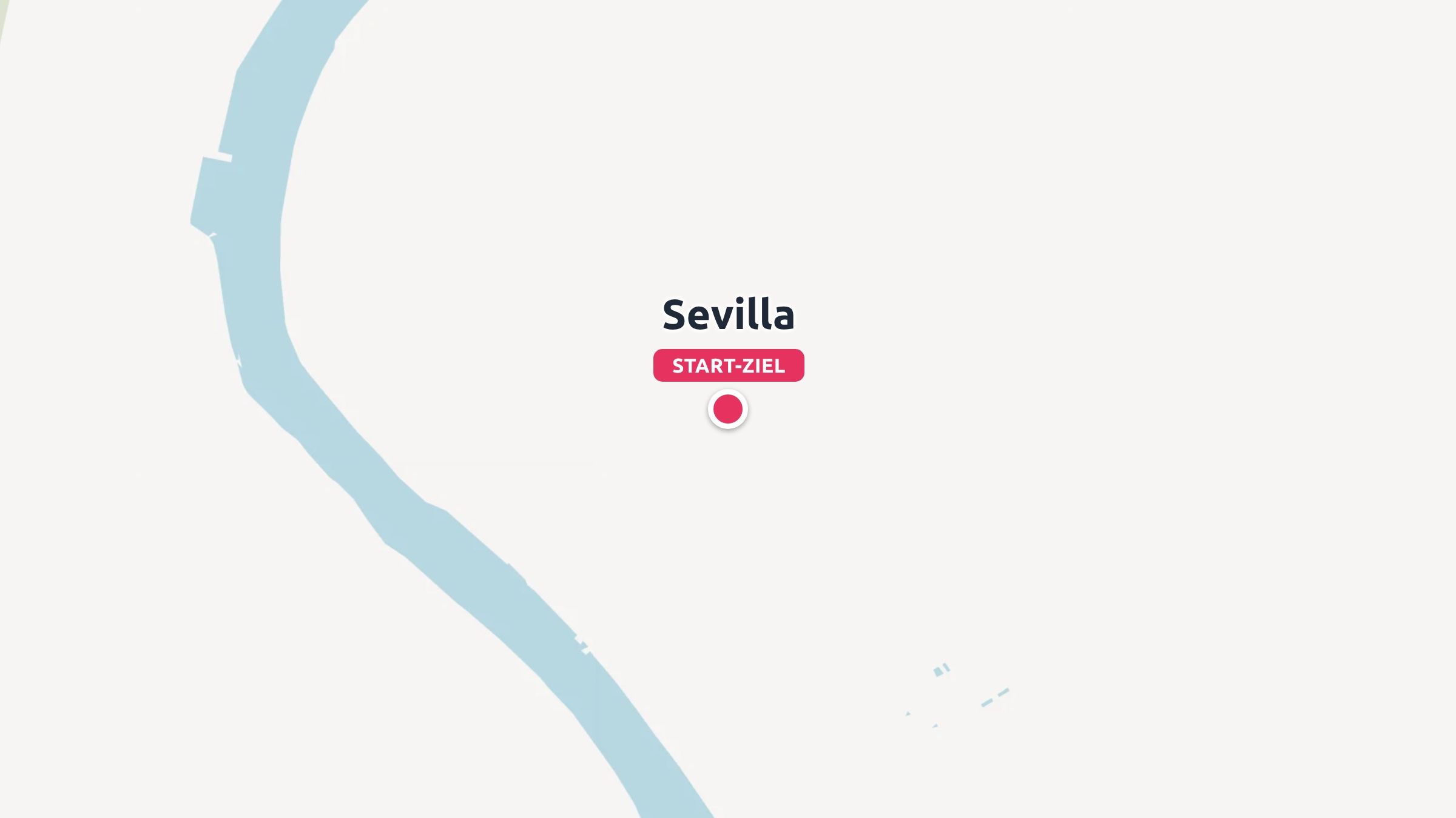 Eine minimalistische Karte mit Sevilla und einer roten Nadel neben einem hellblauen Fluss.