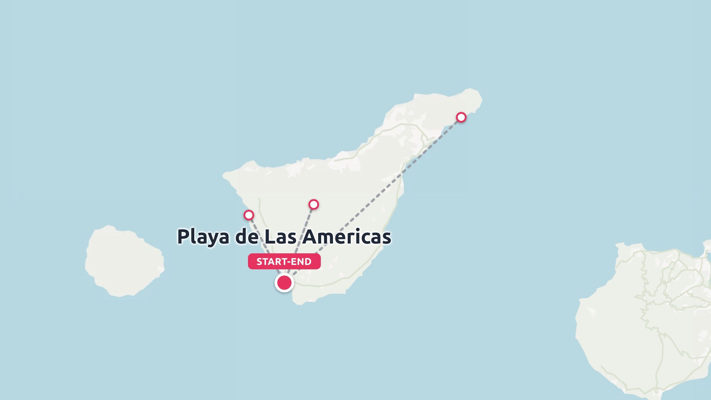 A travel map showing an itinerary route with points starting and ending at Playa de Las Americas.