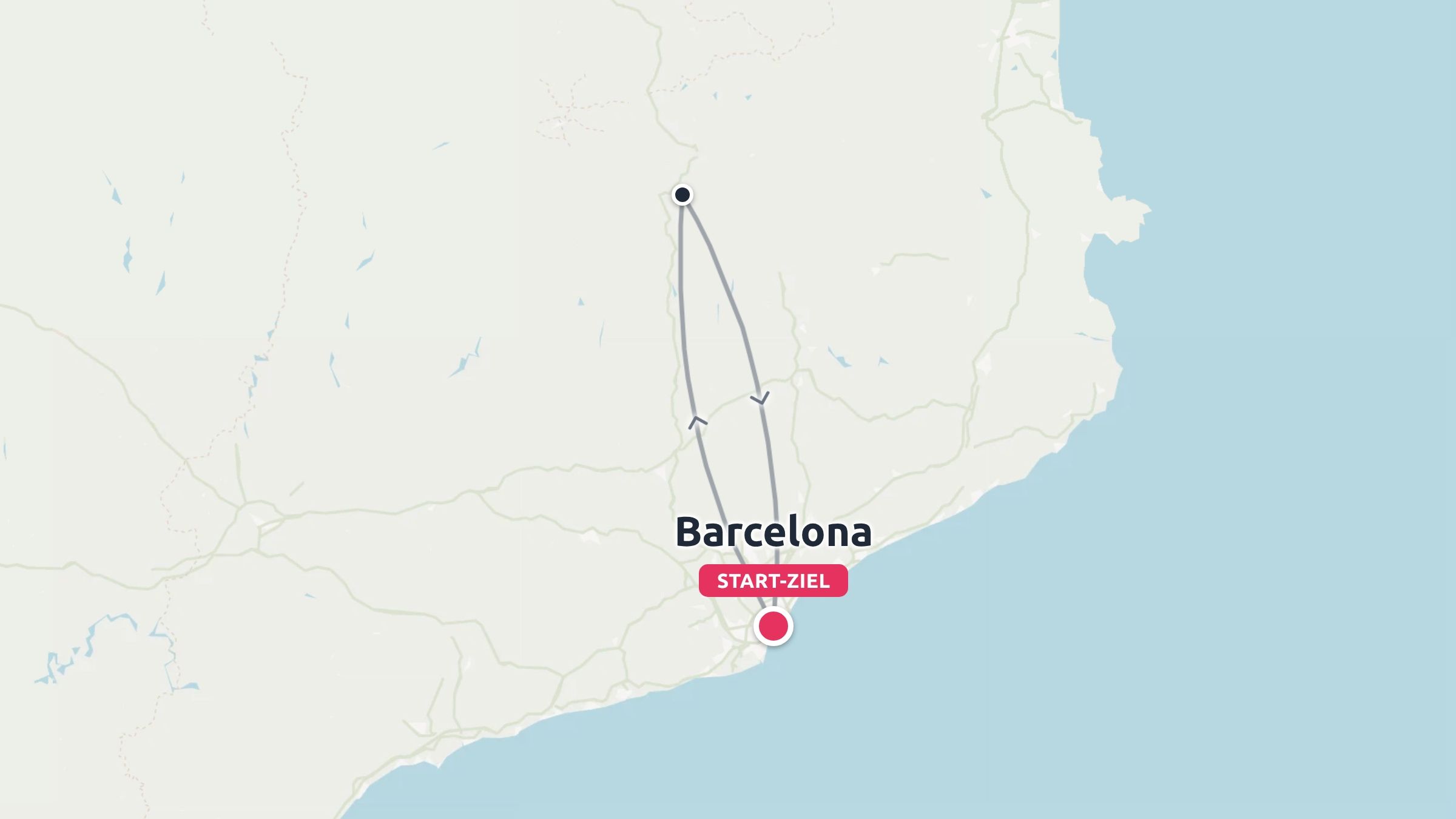 Reisekarte mit einer Rundreise, die in Barcelona beginnt und endet, sowie einem Punkt im Norden.