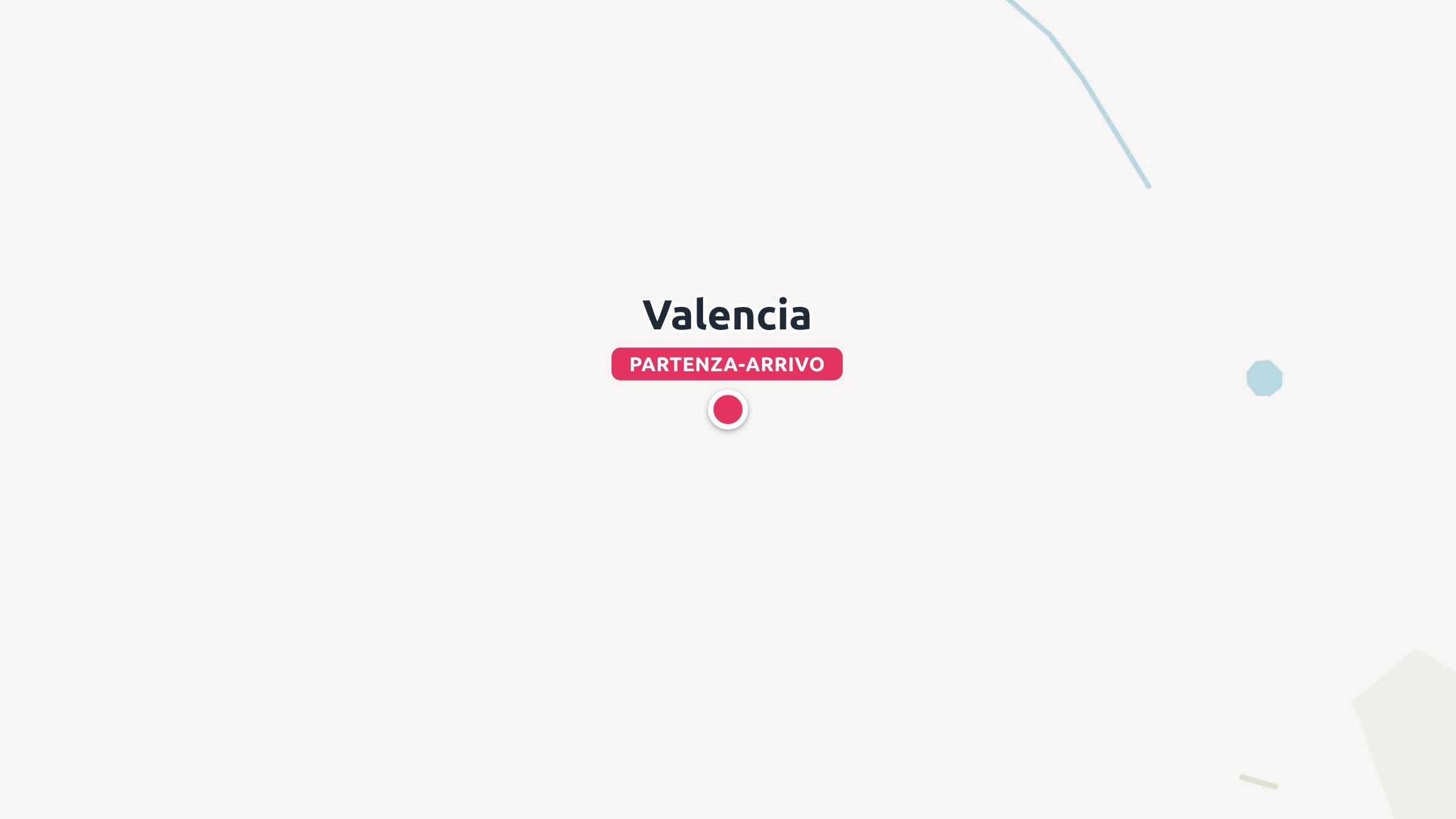 Una grafica di mappa di viaggio minimalista che evidenzia Valencia con un puntino rosso come punto di partenza e di arrivo