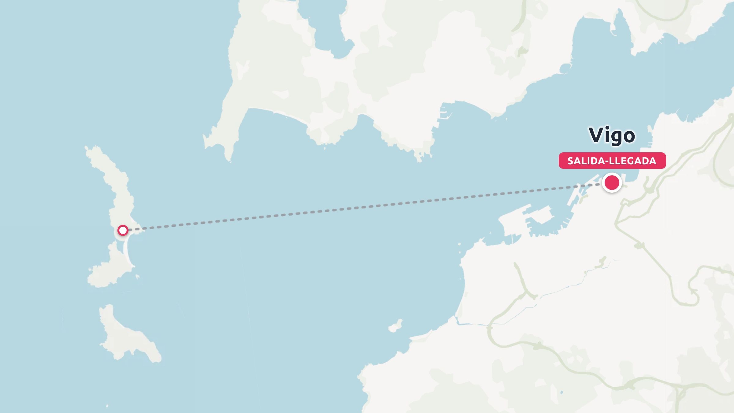 Un mapa de ruta de viaje que muestra un camino punteado sobre el agua que conecta Vigo con las islas costeras cercanas