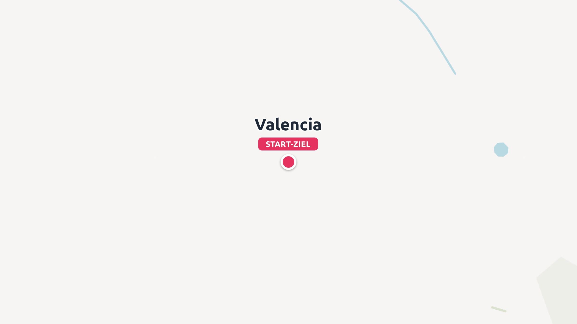 Eine minimalistische Reisekarte, die Valencia mit einem roten Standortpunkt markiert, der als START-ZIEL beschriftet ist.