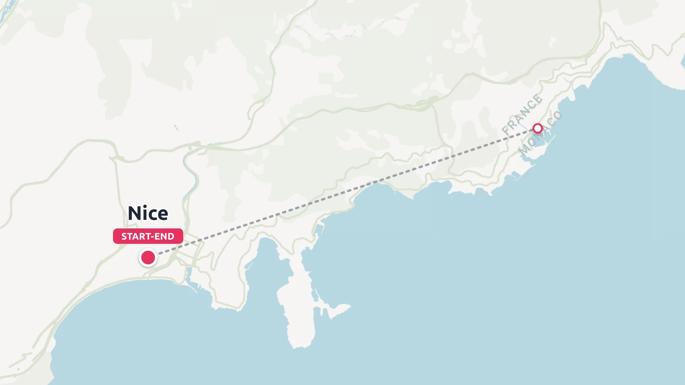 A travel route map showing a path between Nice, marked as start and end, and Monaco along the French coastline.