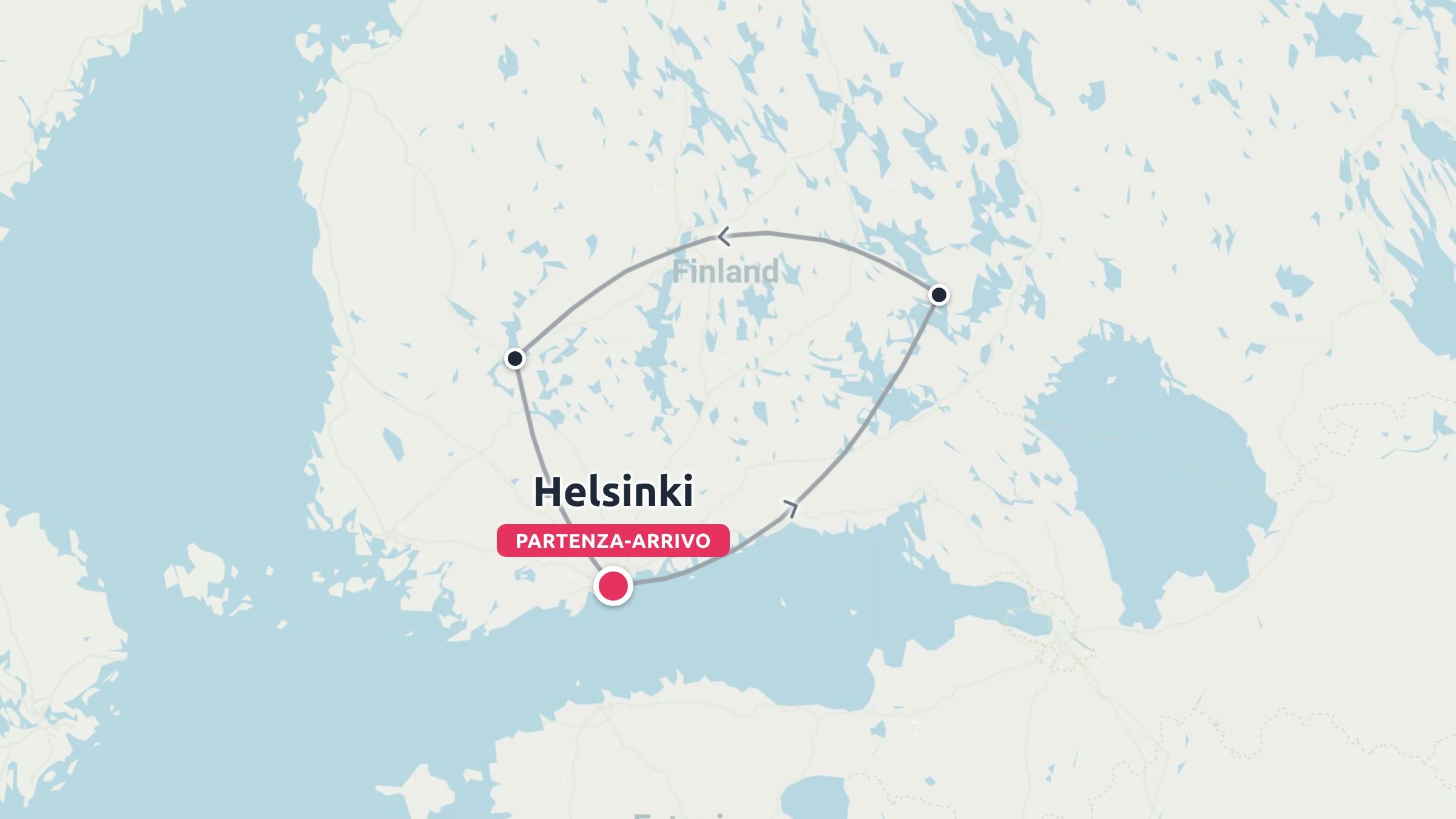 Una mappa dell'itinerario di viaggio in Finlandia che mostra un percorso circolare con partenza e arrivo a Helsinki.