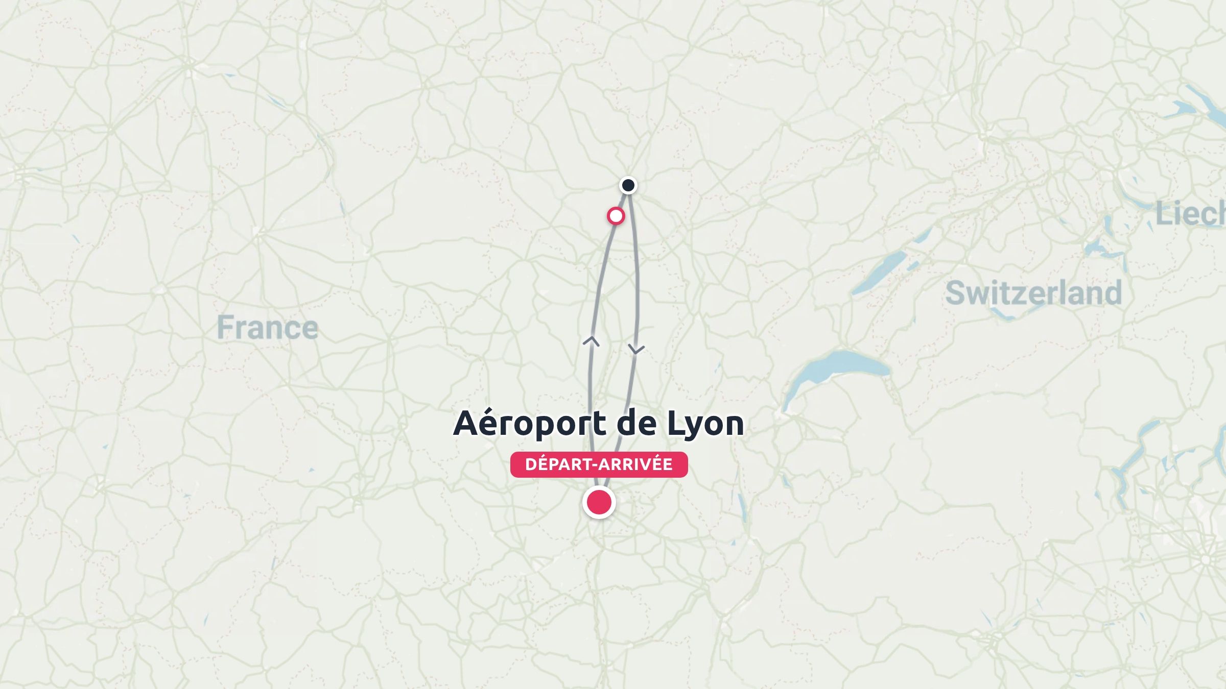 Un itinéraire de voyage en France montrant un trajet aller-retour au départ et à l'arrivée de l'aéroport de Lyon