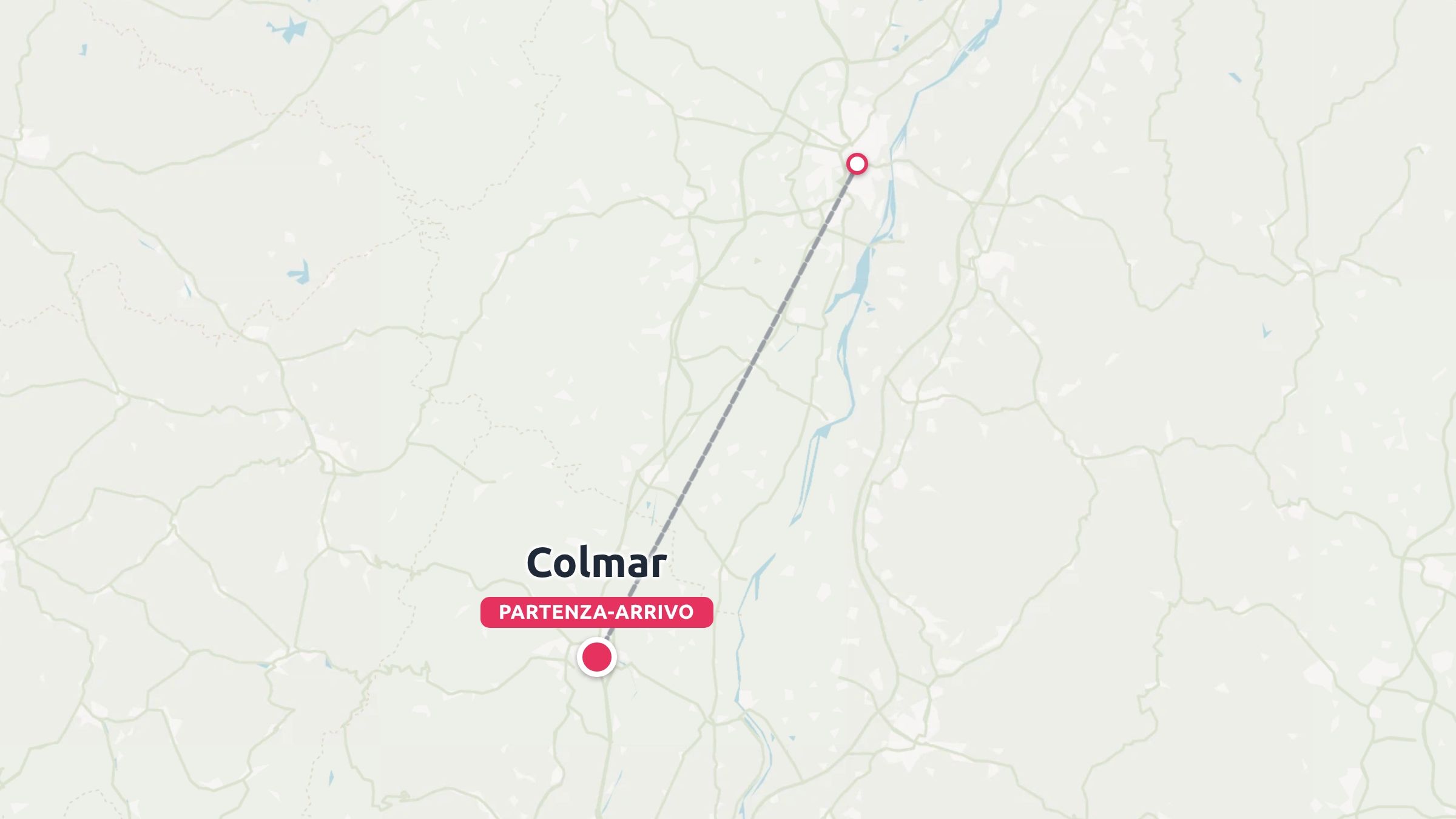 Una mappa di itinerario di viaggio che mostra una linea di connessione con partenza e arrivo a Colmar.