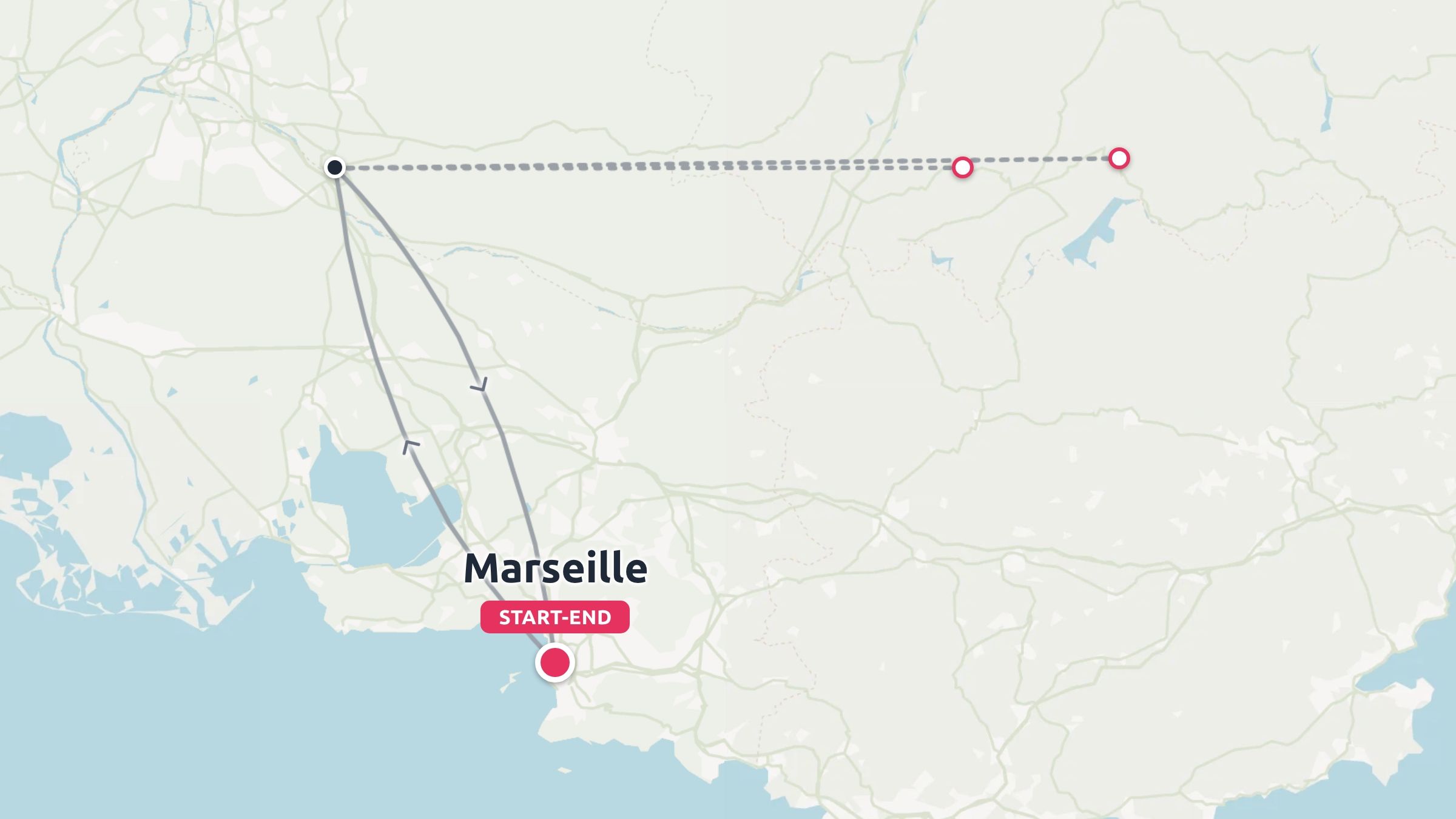 A travel route map showing an itinerary starting and ending in Marseille, with paths leading inland.