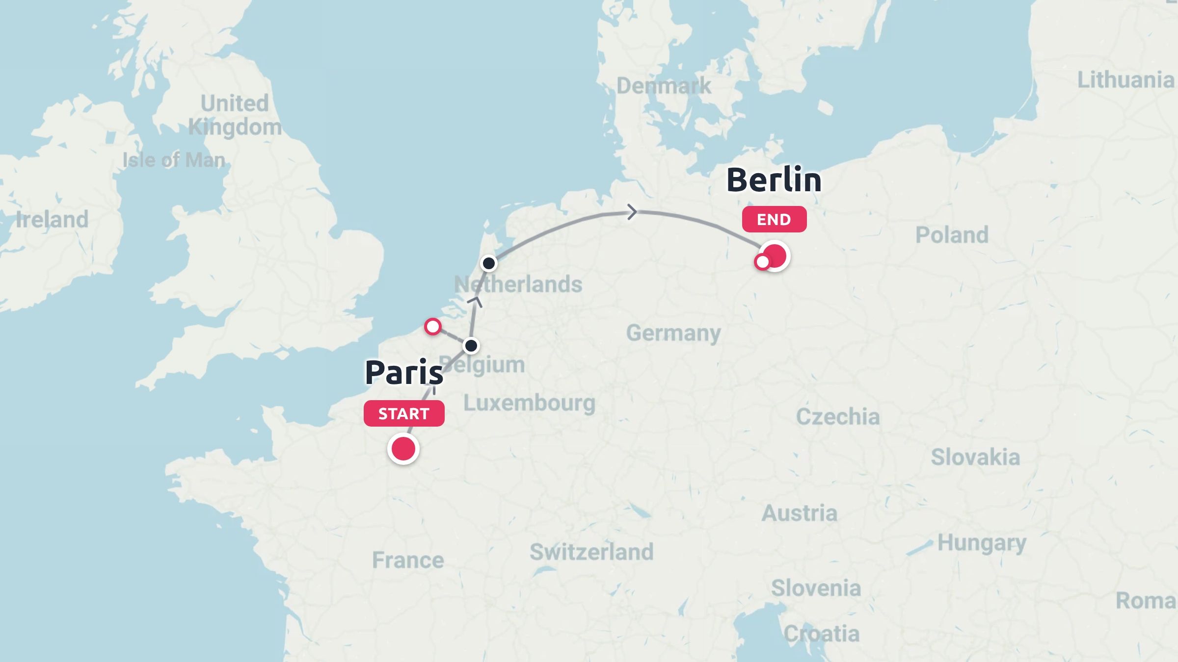 A travel route map starting in Paris, passing through Belgium and the Netherlands, and ending in Berlin.