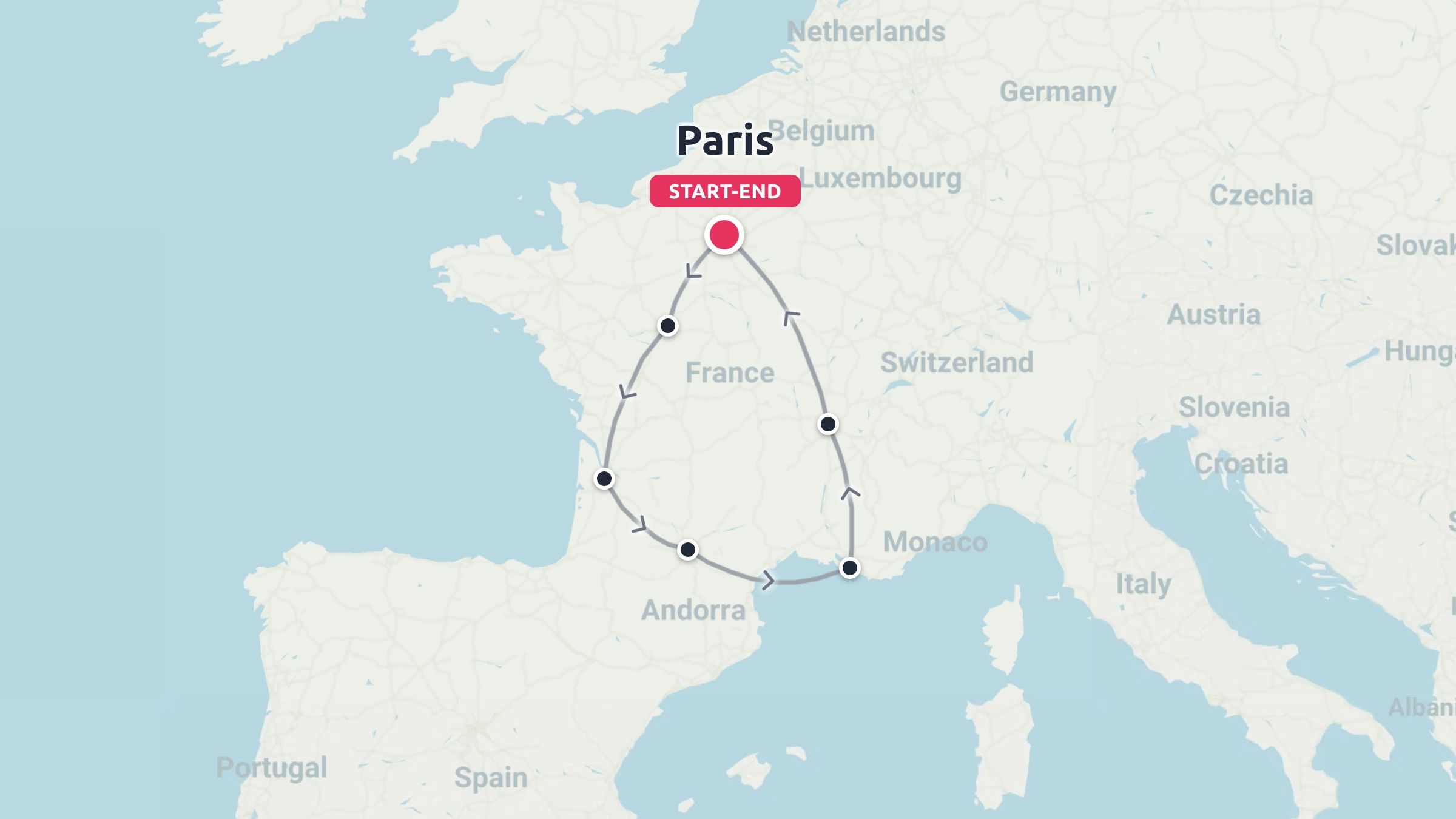 A travel route map of France showing a circular itinerary starting and ending in Paris.