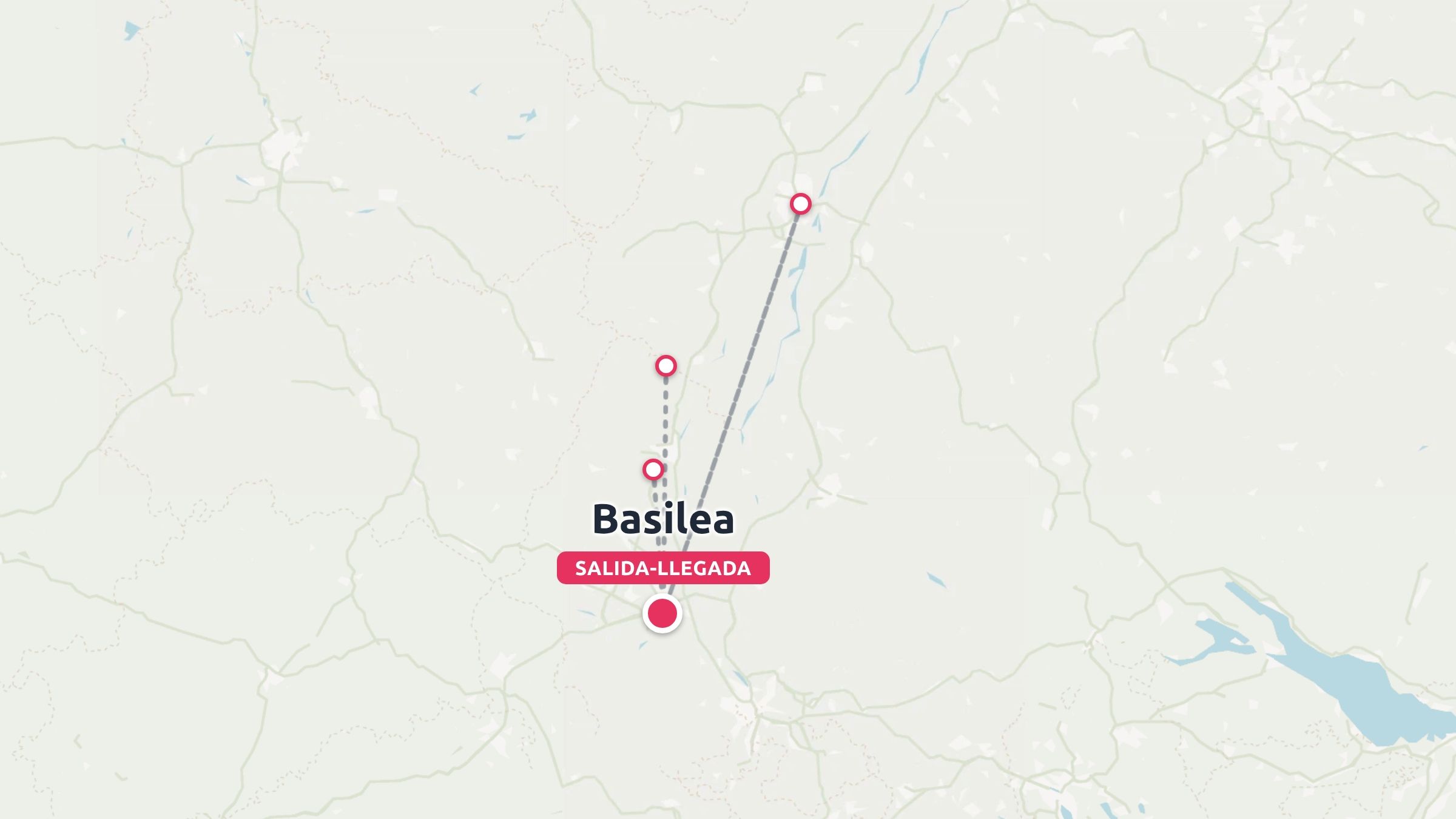 Un mapa de ruta de viaje que muestra puntos de parada y un viaje de ida y vuelta que comienza y termina en Basilea.