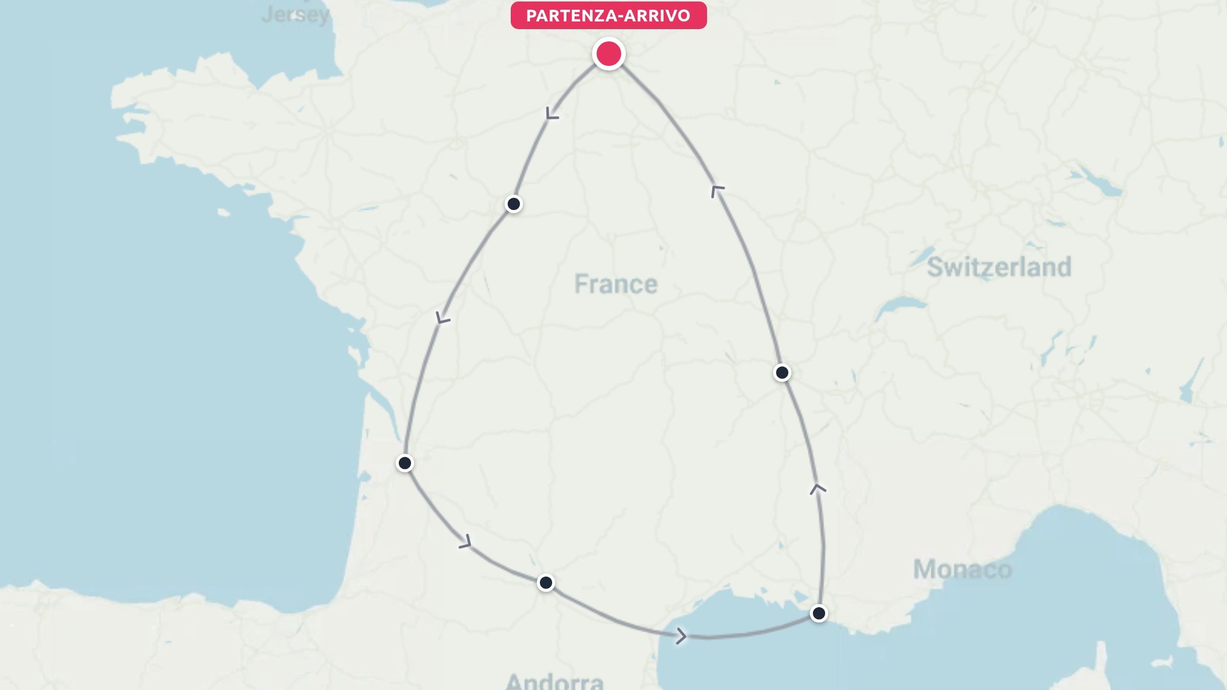 Una mappa di viaggio della Francia che delinea un itinerario stradale circolare con partenza e arrivo vicino a Parigi e diverse tappe.