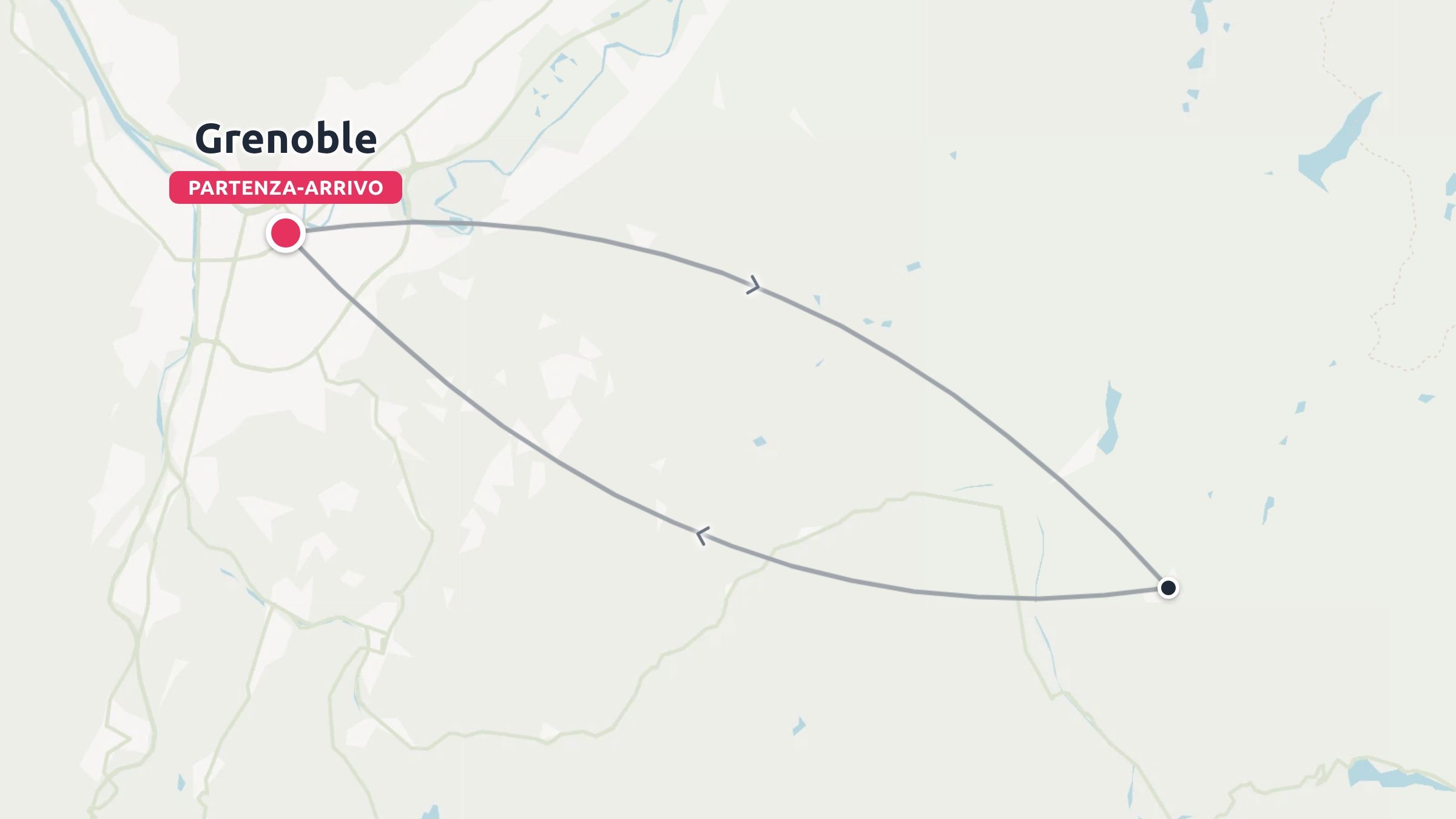 Mappa del percorso di viaggio con partenza e arrivo a Grenoble, in Francia, che mostra un itinerario circolare con frecce direzionali.