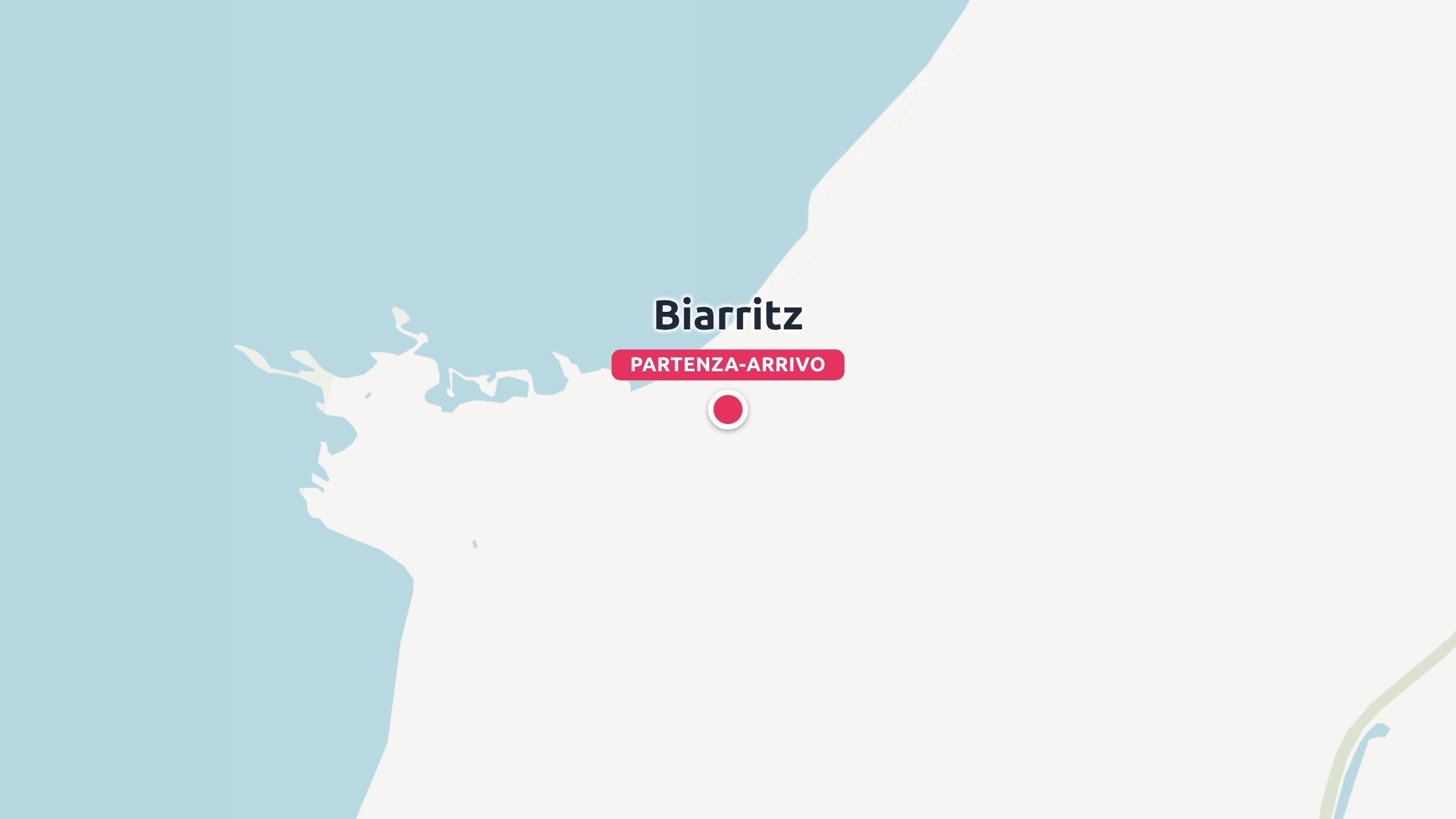 Una mappa che evidenzia Biarritz sulla costa, contrassegnata come luogo di partenza e arrivo.